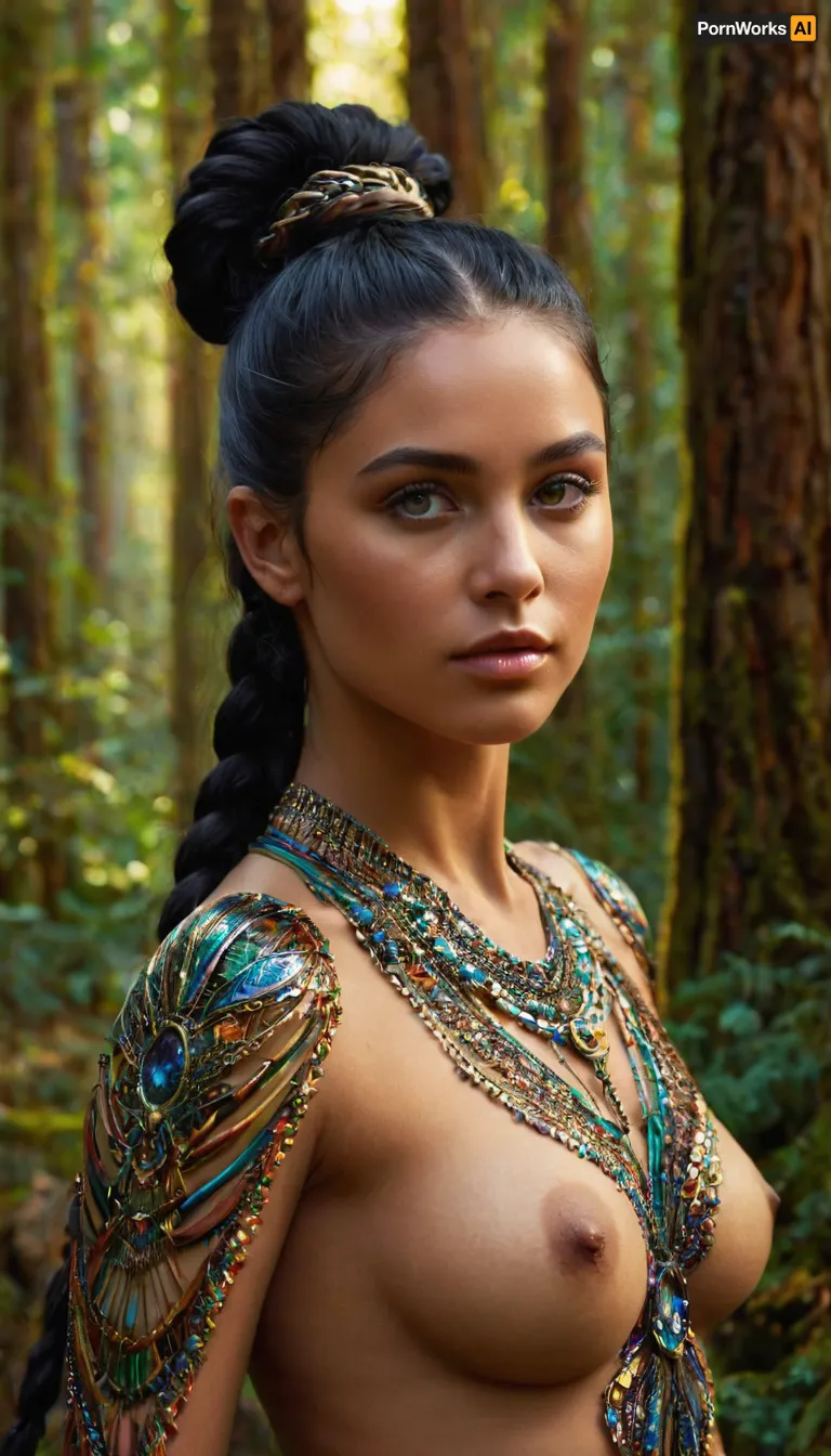 19 years old naked goddess, digital painting, psychedelicai goddess posing in a shiny forest, black hair, braided ponytail style, detailed face, detailed eyes, metallic, fractal, Meticulous, Refined, High-Quality, Well-executed, Extraordinary, Artistic Triumph, Unparalleled Masterwork, Sharp Focus, Precise Clarity, 32k, ultra-high resolution, Full-Frame DSLR, Global Illumination, Dynamic Lighting, soft particles, real-time ray tracing, extremely detailed, <lora:psychedelicai-SDXL:.8>
