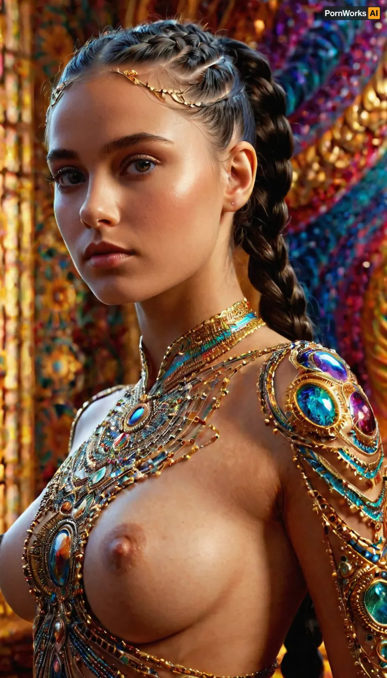 19 years old naked goddess, digital painting, psychedelicai goddess posing in a shiny room, black hair, braided ponytail style, detailed face, detailed eyes, metallic, fractal, Meticulous, Refined, High-Quality, Well-executed, Extraordinary, Artistic Triumph, Unparalleled Masterwork, Sharp Focus, Precise Clarity, 32k, ultra-high resolution, Full-Frame DSLR, Global Illumination, Dynamic Lighting, soft particles, real-time ray tracing, extremely detailed, <lora:psychedelicai-SDXL:.8>