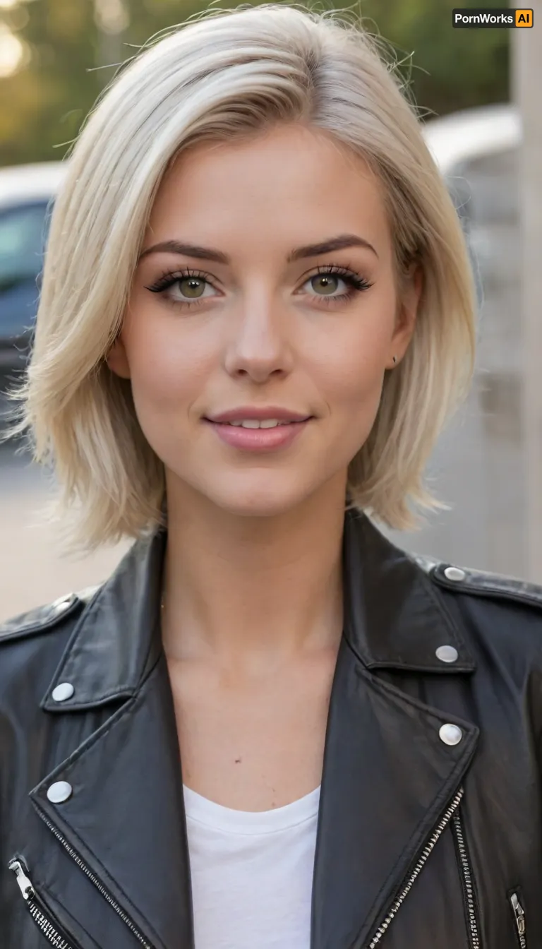 ziprealism, (medium closeup shot, sharp focus, focus on eyes, perfect eyes:1.2), (stunning young woman, candid snapshot esthetic, mischievous eyes, rockstar attitude, confident, wide brilliant smile), (subtle freckles, soft blush), (silver-blonde hair, short hair, voluminous hair, swept-back hair style, stray hair:1.6), (fierce face, long eyelashes, dimples:1.5), (leather jacket, open jacket:1.8), shallow depth of field, bokeh background, RAW photo quality