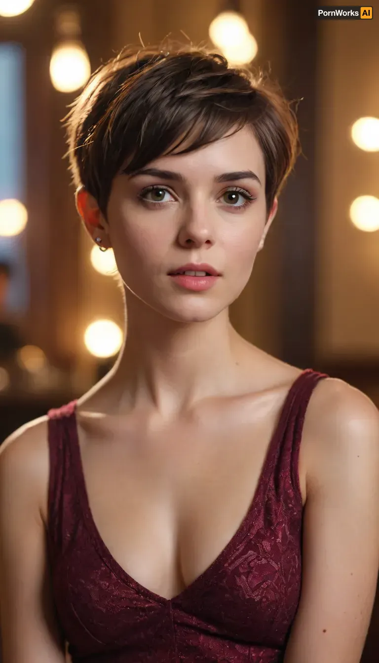 young woman with boyish figure, super sexy, pixie haircut