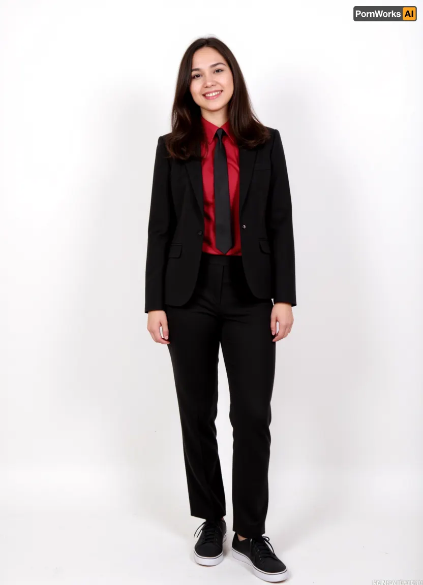 girl, argentina, black hair, full body, 18 years old, smile, perfect pussy, black suit, red office shirt long sleeve, black tie, black sneakers, white background