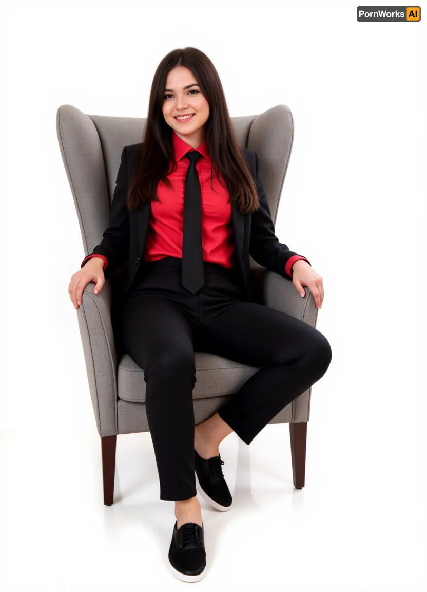 girl, argentina, black hair, full body, 18 years old, smile, sit on chair, perfect pussy, black suit, red office shirt long sleeve, black tie, black sneakers, white background