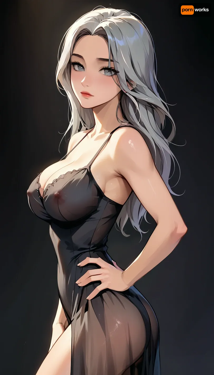 Rating_explicit, ethereal fantasy photography, (score_9, score_8_up, sharp focus, masterpiece, perfect eyes), high resolution, perfect limbs, anatomically accurate, Super realistic, perfect lighting, (best shadow), 8K, UHD, clear image, (best lighting), highest quality, ultra-detailed images, Euro-American, Incredibly beautiful girl naked, grey hair, long hair, realistic Euro-American face, (Euro-American girl Naked), cute face, grey eyes, skinny, ((White skin)), ((glossy skin)), (huge natural breasts), big waist, (Shapely body), wide hips, perfect skin, perfect face, seductive pose, (her face and expression showing a mix of submission and ecstasy and exhaustion), slight eye roll, big round athletic ass, ((half open eyes)), (lustful face), luscious sensual lips, natural beauty, eternal beauty, Side profile close-up, Legacy lighting, bright 1-alpha .5>, long silky raven black hair hides her face in shadow. Minimalistic dark chiaroscuro lighting and creates a dramatic effect. The overall mood of the image is sensual and seductive, with hints of anticipation and desire, (black background, chiaroscuro lighting), ZipRealism, ​Moody, mysterious, magical, shallow depth of field, Shot from Stanley Kubrick movie, shot on Kodak film, (firm, round ass), ((Sexy See-through black dress​)), ((Hand on Hip Pose)), behind view, from side, wide-shot, (j_cartoon:1.5), Drawing, <lora:samdoesarts1.1-000030:.4>, <lora:J_cartoon:.4>, <lora:Animated_Concept:.4>, <lora:reallora1:.5>, <lora:Oxygen girl_SDXL1.0:.5>