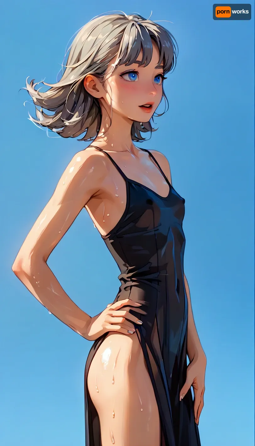 Rating_explicit, ethereal fantasy photography, (score_9, score_8_up, sharp focus, masterpiece, perfect eyes), young face, perfect lighting, (best lighting), highest quality, ultra-detailed images, fine details, high resolution, 8k, uncensored, shiny_skin, (bangs messy long grey hair), petite, Euro-American, Incredibly beautiful girl, (small body), (glossy skin), (White skin), head, 1girl, (tiny_body), skinny collarbone, small_breasts, medium_breasts, grey_eyes, very detailed face, seductive pose, (Sweat), (pleasure, bewildered, Horny), (her face and expression showing a mix of submission and ecstasy and exhaustion), big round athletic ass, ((half open eyes)), (lustful face), luscious sensual lips, natural beauty, eternal beauty, Side profile close-up, Legacy lighting, bright 1-alpha .5>, long silky raven black hair hides her face in shadow. Minimalistic dark chiaroscuro lighting and creates a dramatic effect. The overall mood of the image is sensual and seductive, with hints of anticipation and desire, (black background, chiaroscuro lighting:.5), ZipRealism, ​Moody, mysterious, magical, shallow depth of field, Shot from Stanley Kubrick movie, shot on Kodak film, (firm, round ass), ((Sexy See-through black dress​)), ((Hand on Hip Pose)), behind view, from side, wide-shot, (j_cartoon:1.5), Drawing, <lora:samdoesarts1.1-000030:.4>, <lora:J_cartoon:.4>, <lora:reallora1:.5>, <lora:Oxygen girl_SDXL1.0:.5>