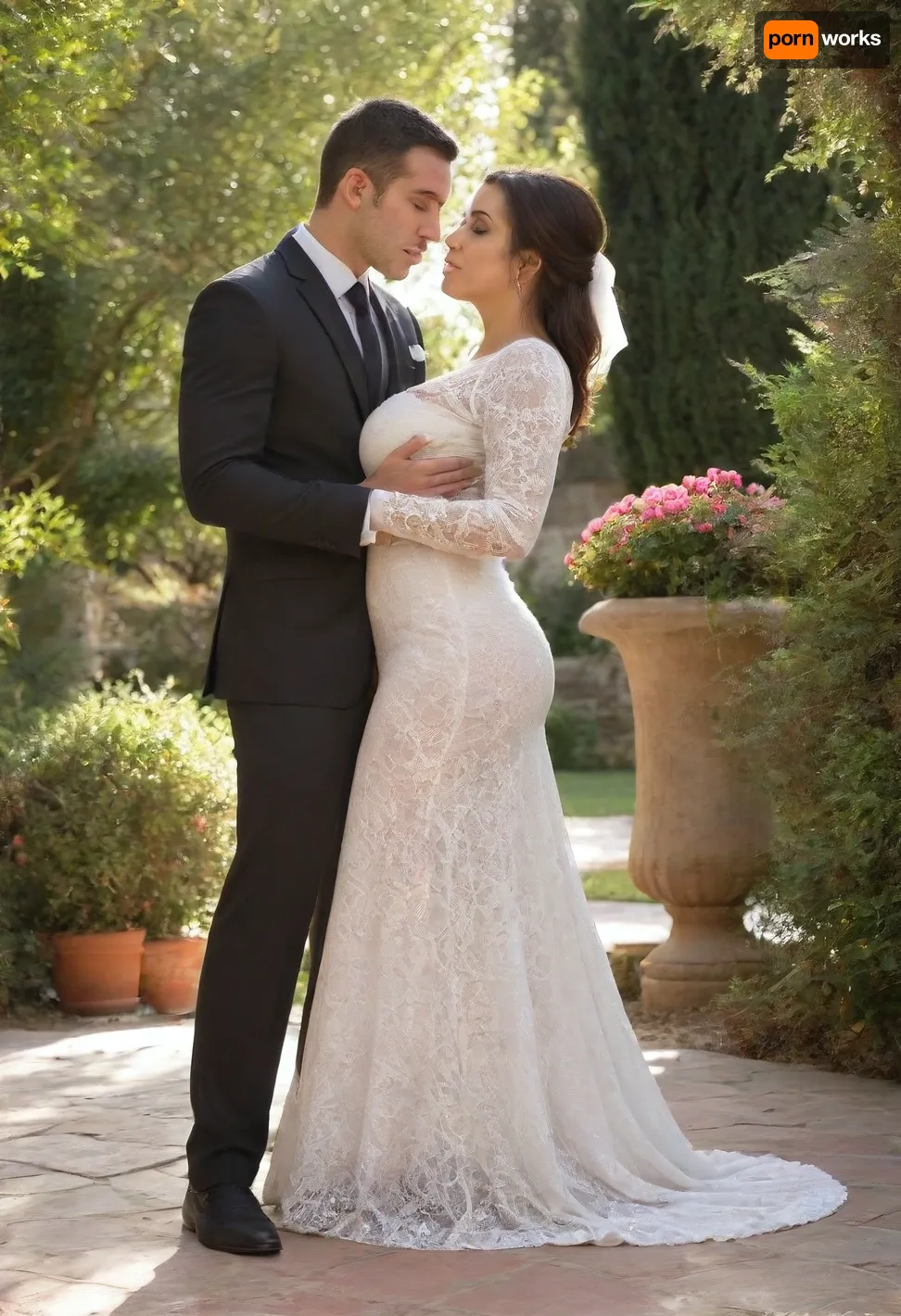 Bride and groom fully visible in frame, standing in a sunlit garden with blooming flowers. The Iranian bride with a curvy body wears a delicate, all-lace wedding dress with intricate patterns and long sleeves, softly hugging her silhouette. The muscular Senegalese groom stands tall beside her in a classic dark suit, gently holding her waist. Both look slightly away from the camera, lost in a tender moment., (soft natural lighting), (romantic atmosphere), (fine lace texture visible), (balanced composition), (elegant, timeless), . bukkake, cum, <lora:MS_Real_XL_Bukkake:1.5>