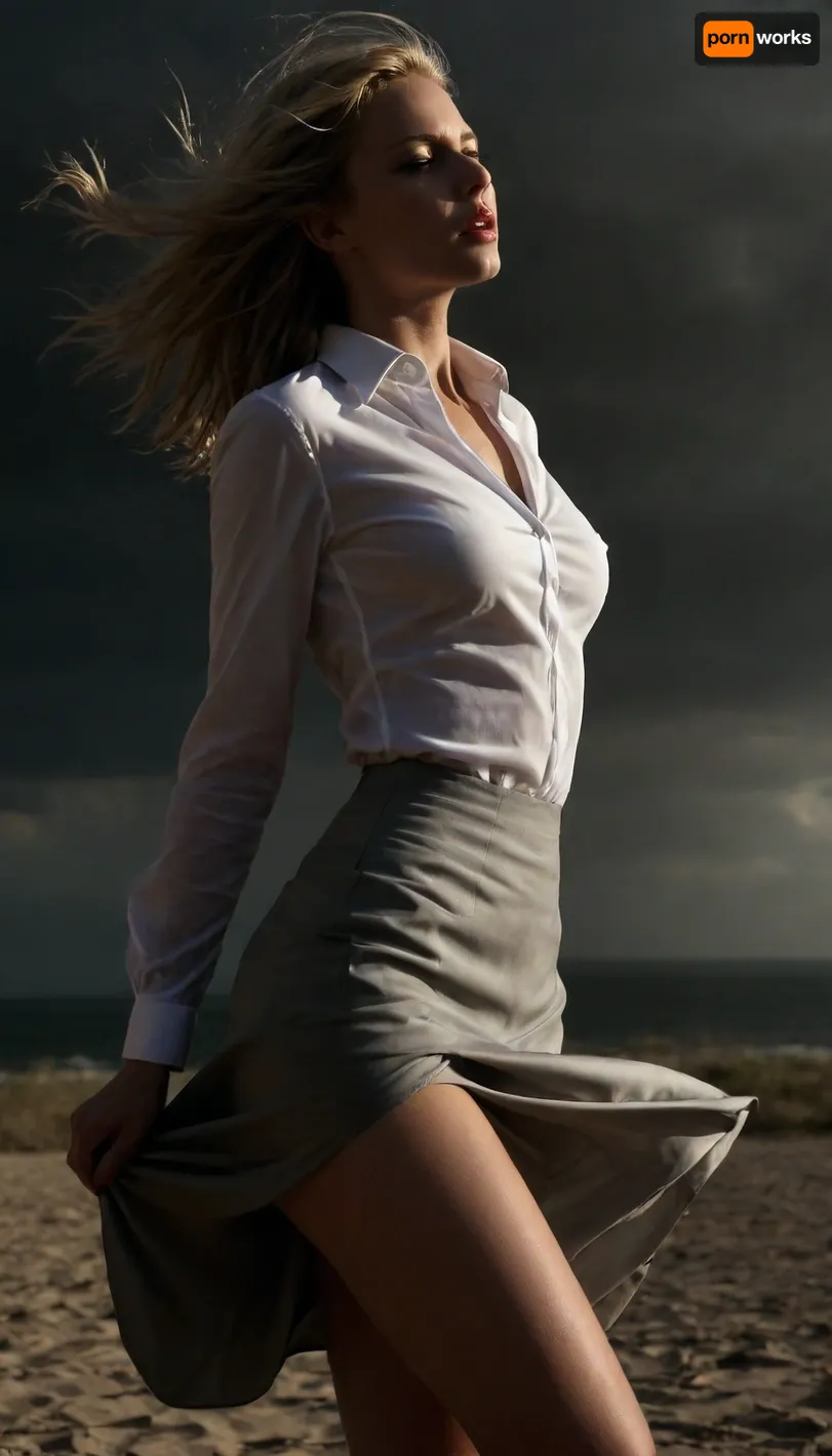 beach, professional photography, high quality, artistic, soft, romantic atmosphere, beautiful thin blonde woman secretary, unbuttoned white shirt, show nipples, show pussy, upskirt, (storm), long skirt, (((windyskirtlift))), (((wind lifting skirt))), ((Wind)), (((strong wind))), undressing, sunlight_str1, <lora:add-detail-xl:2>, <lora:dark:.8>, <lora:undressing_XL_v1:2>, <lora:sunlight_str1-SDXL_v1-dim64-steps1691:.8>