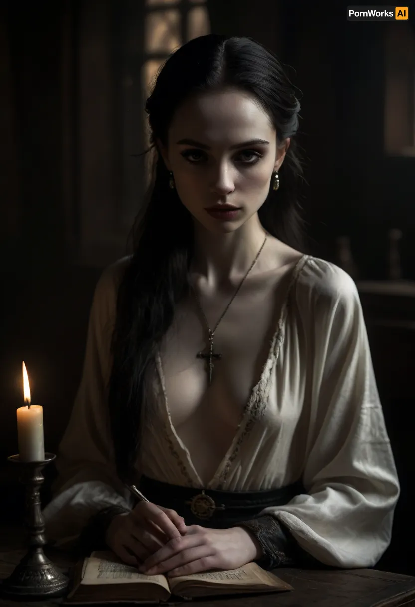 Beautiful slender Eastern European woman, (long straight jet black hair slicked back), (angular and refined face with high cheekbones and a narrow nose), full pale lips, (Pale skin:1.9), (Deep set dark brown eyes), (smokey eye makeup), (Wearing somber faded black robes with subtle embroidery, long-sleeved, with a high collar and soft black boots, reinforced with chain mail armor), (A small occult pendant), (reserved expression), (interior dark medieval monestary background), (night:1.6), (sitting at table holding a old dusty book), realistic detailed face, detailed hair, realistic detailed body, realistic detailed skin, realistic detailed saggy breasts, realistic detailed hairy pussy, random view angle, (Calm garceful pose), (full body view), (looking at viewer), detailxl, <lora:add-detail-xl:1.5>, <lora:style_lora_realis:.5>, <lora:dark:1>