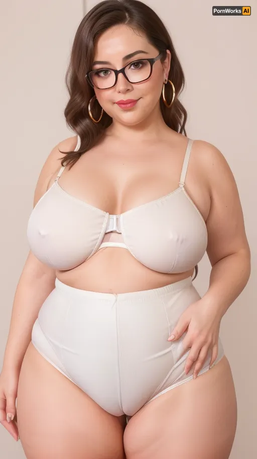 (((BODY FACE FRONT, looking FRONT))), (gilf:1.3), mature, older, ultra detailed, masterpiece, best quality, extremely detailed, sharp focus, illustration, collarbones, perfect hands, hands with five fingers, (GoodHands-beta2:1), (height 60 inches), ((small breasts:1.5)), (round butt), BEDROOM BACKGROUND, cowboy shot, standing, smile, perfect studio lighting, detailed eyes, chubby face, (looks at viewer, sensual smile:1.1), brunette, white spaghetti strap camisole, ((silk, wide fullback panties, full brief, high-waist, high-cut, full coverage, high panties)), buldging mons pubis, buldging, (cameltoe:1.3), chubby pubic mound, FUPA, fat upper pubic area, parted lips, full lips, plump, high legs, wide hips, square hips, big fat hips, saddlebags, chubby thighs, flabby, chubby belly, fat thighs, fat hips, Chubby, Plump, Fat, Rolls, pantybriefs, wearing, cameltoe, (obese:1.1), elderly, woman, brown, hair, in, a, loose, ponytail, right, eye, is, lazy, large, glasses, hoop earings, <lora:torpedo-breasts-v01:.3>, <lora:Concept_Plump:.5>, <lora:pantybriefs-1:.8>, <lora:cameltoe_V2.1:.2>, <lora:Diane Choksondik:.2>