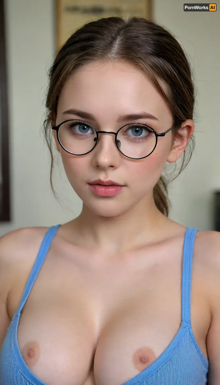 (photo taken in class), (((round thin-rimmed glasses))), (((narrow low face))), young face, Super realistic, perfect lighting, (best shadow), 8K, UHD, clear image, (best lighting), highest quality, ultra-detailed images, fine details, high resolution, 8k, (skinny waist), (skinny), Euro-American, (18 years old), bright blue eyes, dark brown hair, pigtails, very detailed face, blush, white skin, ((cleavage)), high detail, 64k f/2.8, ultra realistic, ISO 100, 1/250s, beautiful, soft lighting, 30mm lens, professional photo, <lora:age_slider_v20:-2>, (deep cleavage:1.3), (realistic breasts:1.5), <lora:reallora1:.5>