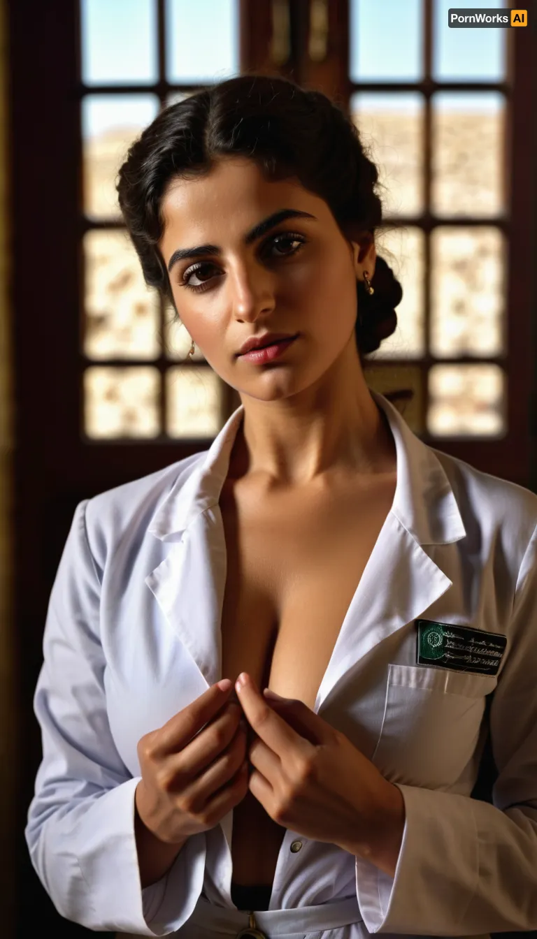 (Masterpiece, 8k, ultra realistic, high quality photography, hdr, High resolution, perfect image composition), A stunningly beautiful female Palestinian doctor from the year 1900, fingering her pussy