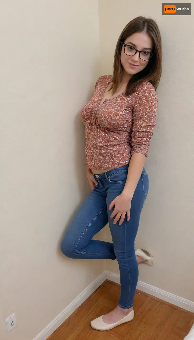 Raw pictures, shy modest curvy woman with glasses leaning against a wall in the office, (thick body:1.2), natural saggy boobs, (A casual chic style with a tucked-in floral shirt, straight-leg jeans, and ballet flats:1.4), bad light, dark light, disheveled hair, hair cut in bob, straight dark brown hair, natural skin, visible pores, freckles, slight acne scars, redness around the nose, and uneven skin texture, high quality, Best quality, realistic, person in the frame but poorly centered, partially cropped out, off-frame composition, head cut off, awkward camera angle, unbalanced shot