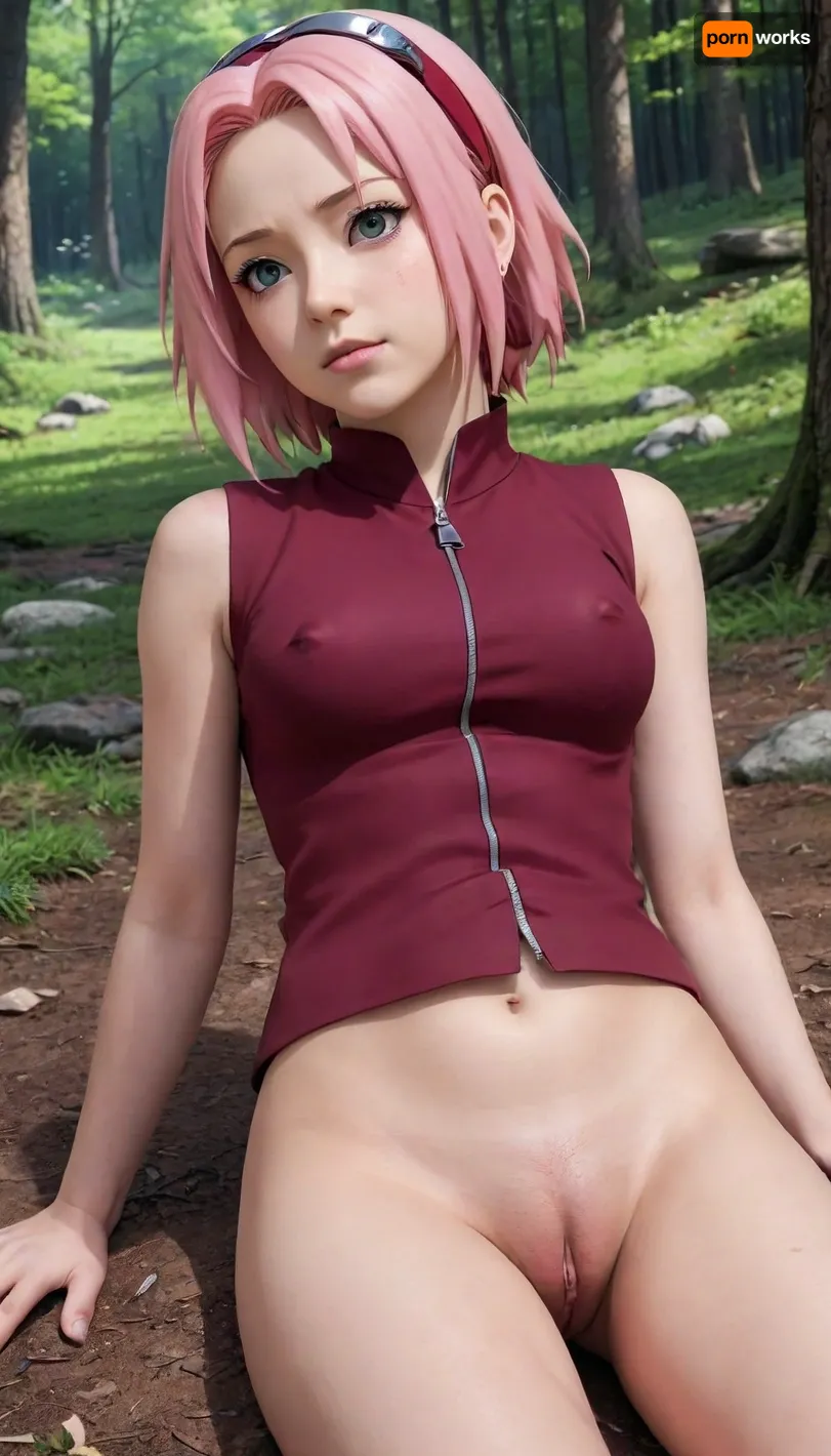 Sakura Haruno was found lying unconscious on the ground in the middle of the forest. Her clothes were tattered, her breasts were sticking out and her vagina was wide open. Line drawing. Lineart. 2D. Sakura, Haruno, Beautiful, Cute, Pic, Forehead, Mark, Anime-style, Portrait, Cherry, Blossom, side-on-view, sleeveless, closed eyes, <lora:Sakura_Haruno_Best1_Edited:.8>