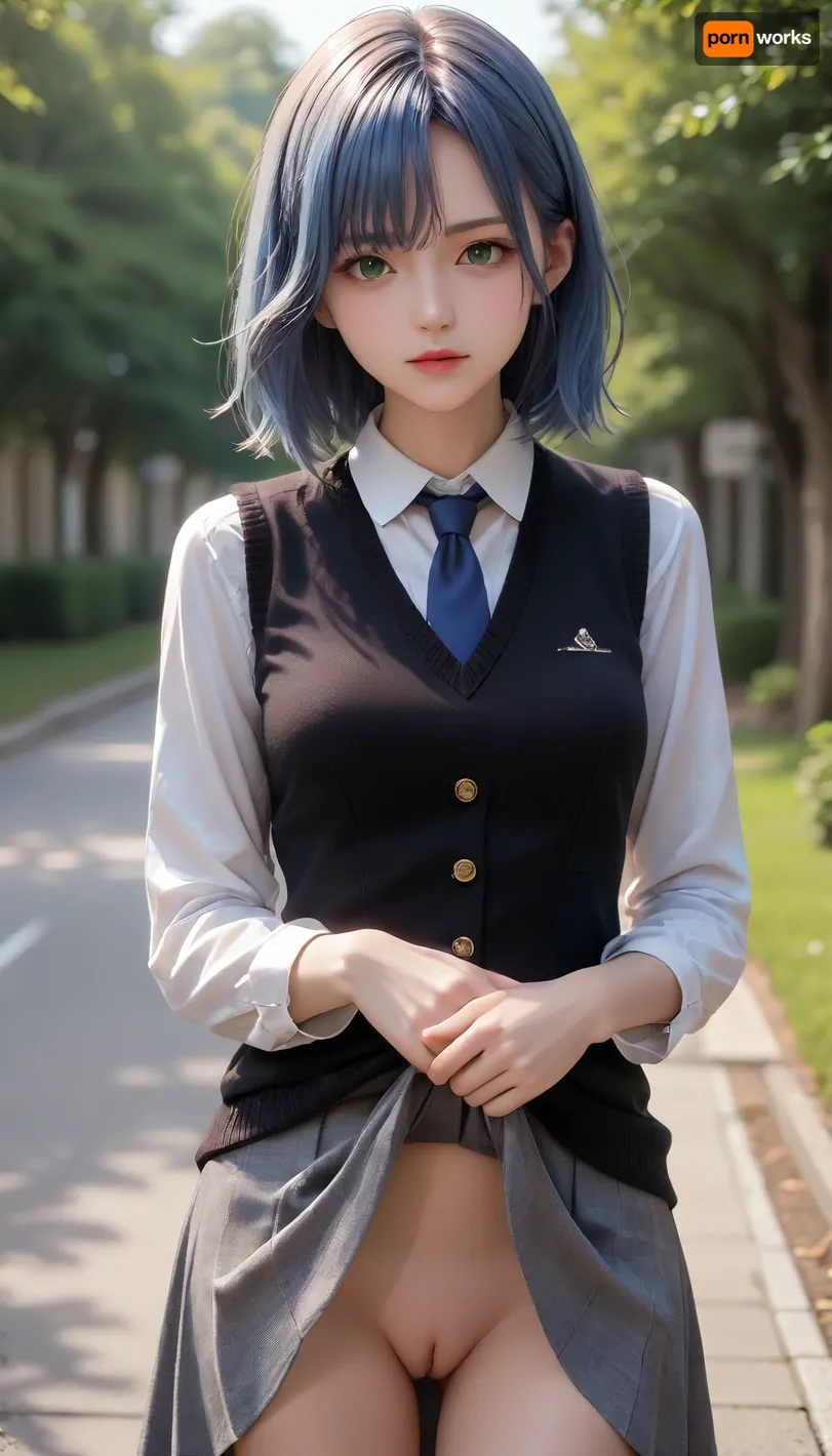 masterpiece, high quality, 8k, beautiful lighting, 1girl, solo, green eyes, medium_hair, white shirt, sweater vest, black vest, blue necktie, grey skirt, outdoors, cowboy shot, looking at viewer, anime, blue hair, pussy flash, skirtlift, <lora:akane:.7>, <lora:skirtlift_xl:.1> masterpiece, high quality, 8k, beautiful lighting, 1girl, solo, green eyes, medium_hair, white shirt, sweater vest, black vest, blue necktie, grey skirt, outdoors, cowboy shot, looking at viewer, anime, blue hair, pussy flash, skirtlift, <lora:akane:.7>, <lora:skirtlift_xl:.1>