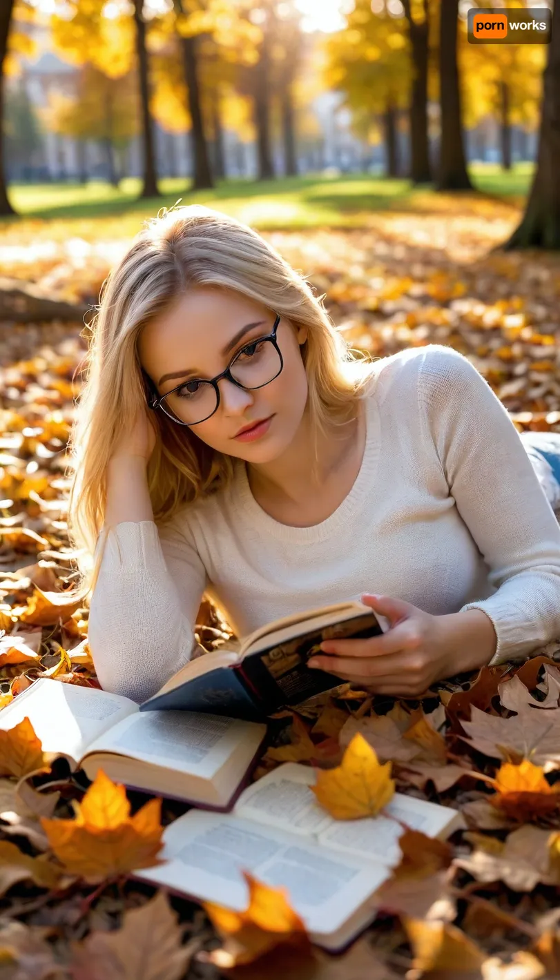 masterpiece. high quality. 8k. hyper realistic photography. 18-year-old young blonde girl lying prone on a mat and reading a book in the park. downblouse. breasts exposed. nipslip. fallen autumn leaves. strong sunlight through leaves. wire frames glasses. high contrast. high saturation. reij-snrs, light, and, shadow, by, <lora:sunriseSDXL-000009:.8>, detailxl