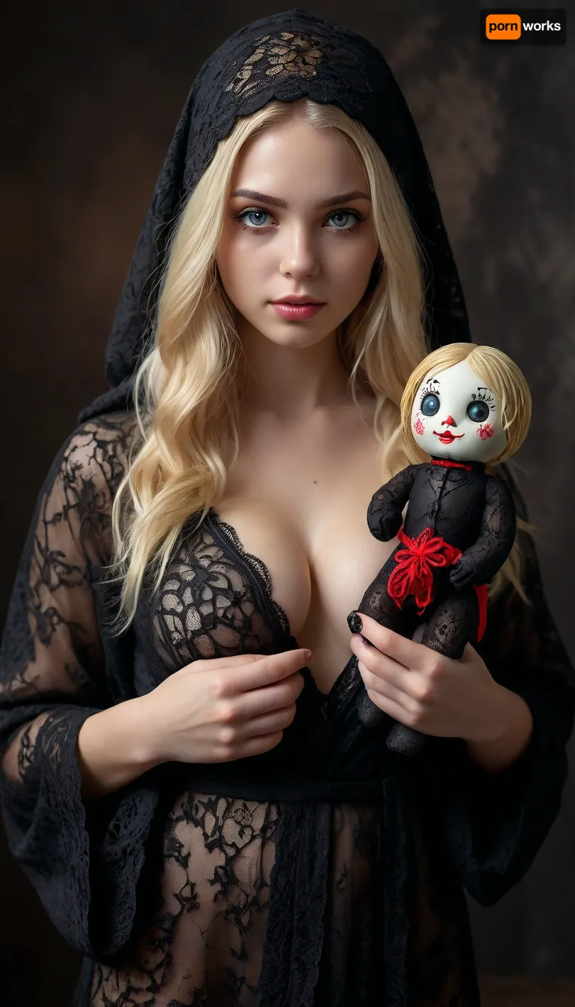 22 year old beautiful nude blond woman wearing black-lace-robe covering her head, holding a voodoo doll, huge breasts, <lora:cfg_scale_boost:.8>, <lora:detailed_notrigger:.8>