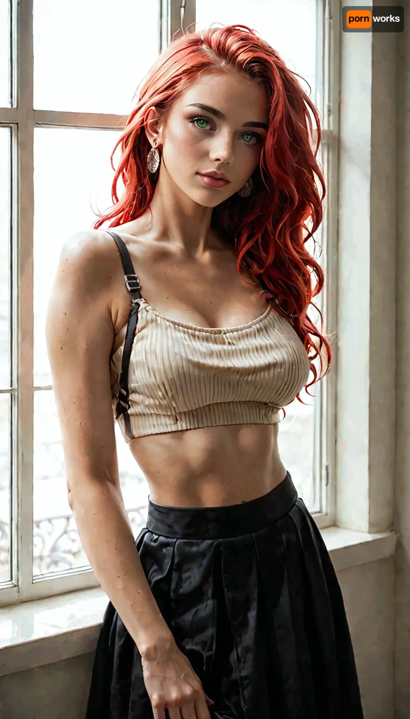 A young woman with vibrant fiery red hair cascading in loose waves around her shoulders stands near a window, bathed in soft, diffused sunlight., detailxl, Her skin has a warm, peachy tone, subtly highlighted by the light, and her eyes are a captivating shade of grey-green. She wears a simple, ribbed beige crop top with thin black straps, revealing a hint of a black bra underneath. The top is form-fitting, accentuating her figure, and ends just above a high-waisted black skirt or pants. The fabric of the skirt appears smooth and slightly reflective. The background is a muted grey-green, providing a subtle contrast to her bright hair and skin. The light filtering through the window creates dappled shadows on her shoulder and chest, adding depth and dimension to the scene. The overall composition is intimate and natural, with a focus on the woman's beauty and the interplay of light and shadow. The style leans towards a realistic painting with a touch of digital enhancement, creating a soft, dreamlike quality. The mood is serene and contemplative, evoking a sense of quiet confidence and understated elegance., (MJ52:.8), <lora:sd_xl_dpo_lora_v1:1.5>