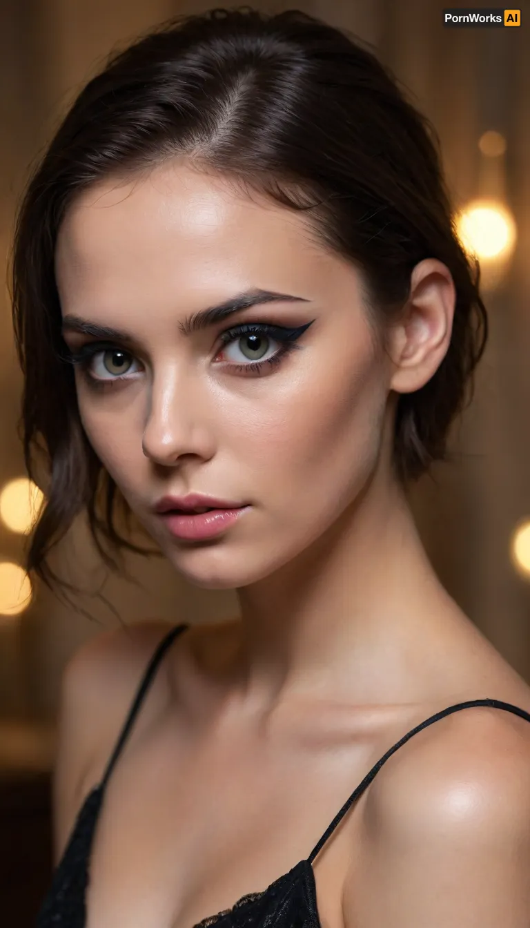 ziprealism, (medium closeup shot, sharp focus, focus on eyes, perfect eyes:1.2), (mysterious woman, dark glamorous esthetic, smokey eyes, sensual, smirking, smug), (glossy black h air, undercut hair, short hair, thick hair, swept back hair style, stray hair, messy hair:1.2), (chiseled cheekbones, delicate face, defined jawline, large doe eyes, bold eyeliner, dimples:1.4), shallow depth of field, bokeh background, RAW photo quality, (rule of thirds composition, negative space), symmetry, catchlights, style by anton semenov, high fashion, luxurious, extravagant, stylish, sensual, opulent, elegance, (melancholic, low-light, low-key lighting:1.4), <lora:zavy-cntrst-sdxl:1.5>