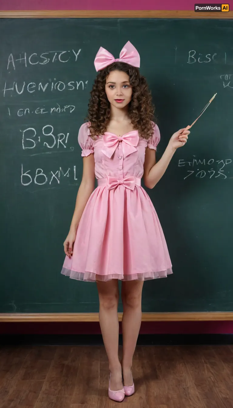 a fairy-tale girl of thirty years old europiodnogo appearance with blue curly long hair, on her head a huge pink bow, but looks in general like a model, she has a pointer in her hand, and behind her back a glass transparent modern blackboard on which inscriptions with marker