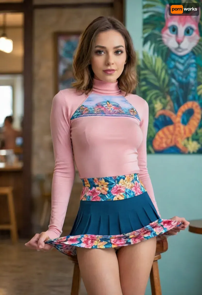 professional fashion photography, beautiful supermodel sitting on a stool wearing turtleneck shirt and microskirt, ((extremely short pleated microskirt exposing naked pussy:1.5)), ((long-sleeved turtleneck shirt with artsy print:1.3)), fake background depicting a tropical paradise, props, girl cute, upskirt, skirt, lift, <lora:skirtLift:.5>