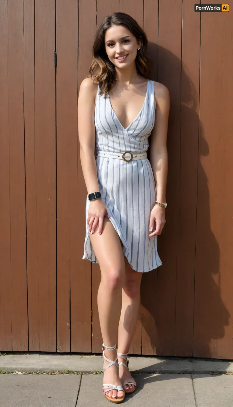 A full-body photo of a tall, athletic and slender Caucasian woman with long legs and elegant posture, standing in front of a sunlit wooden wall. She wears a very short sleeveless summer dress with white and navy blue vertical stripes, deep v-neck, gold buttons, and a feminine, stylish belt. She wears light brown leather strappy sandals with ankle straps and multiple silver accessories, bracelets, rings, toe rings, necklaces and a signature masculine luxury wristwatch, (similar to a Nautilus), . Her feet feature ornamental tattoos across the top and ankle, but not higher than the ankle. She smiles confidently, relaxed and feminine, in a natural pose. Her hair is short to medium length, slightly wavy and dark brunette. The sunlight gives her a healthy, glowing skin tone. Realistic light and shadows, no cropping of body parts, iPhone photo aesthetic, vertical 9, 16.

slender_longlegs_v1, striped_summer_dress_v1, strappy_sandals_luxury_v1, silver_jewelry_set_v2, natural_feminine_faces_v1