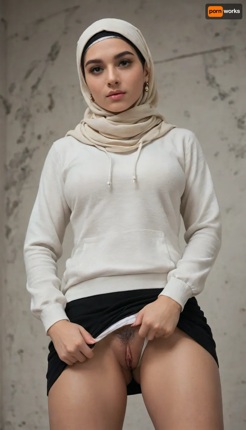 A beautiful korean woman in the middle of a busy Gangnam city wearing ivory hijab, scarf, undercap, ivory hoodie, braless, long straight hair, detailed face, thick eyelashes, pointy nose, sparkling eyes, expressive, lifting black short skirt, pulling down white panties, revealing tiny pussy, thick pubic hair, red glowing clitoris, dynamic pose, dynamic angle, detailed background, high contrast, low saturation, candid photography