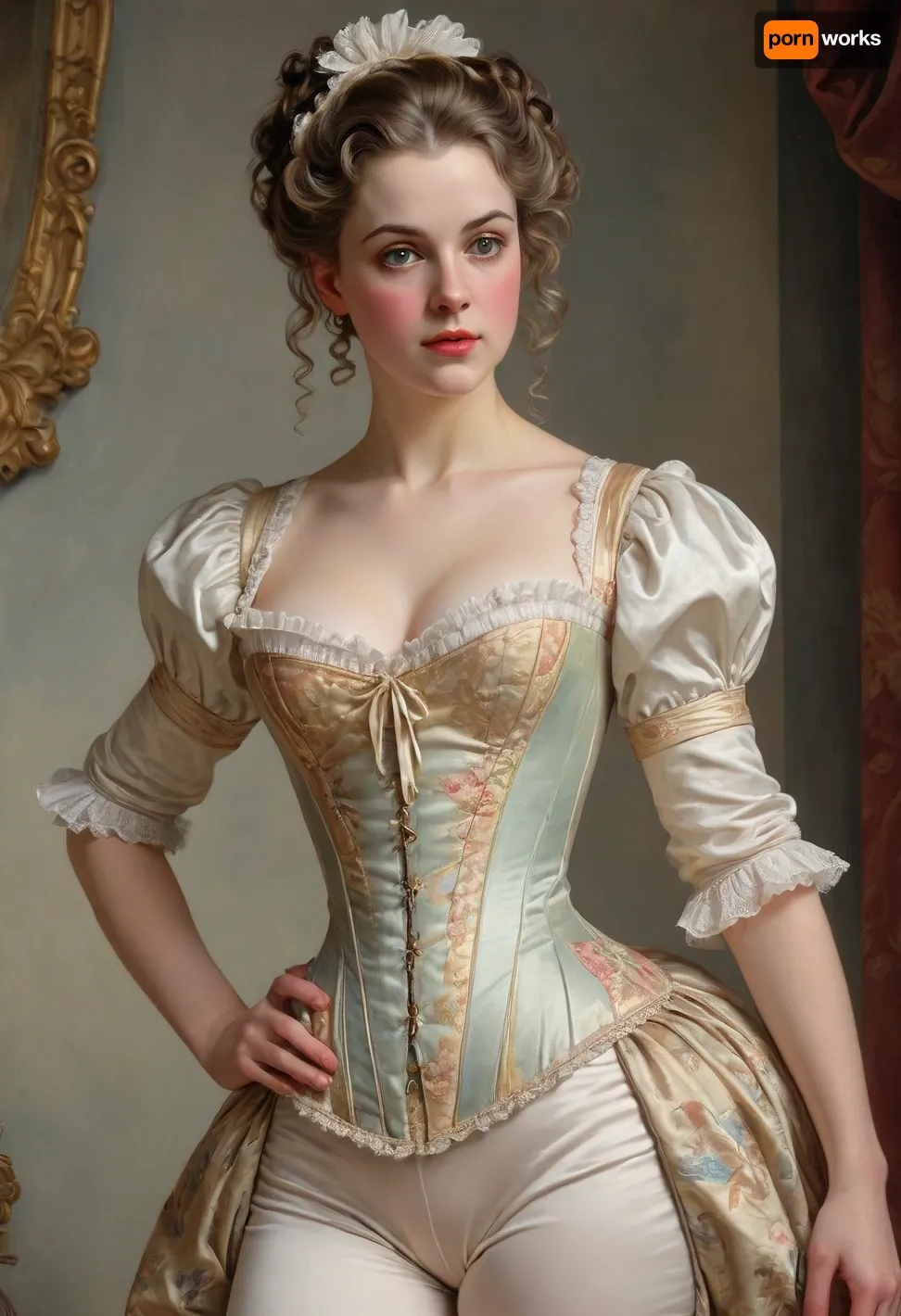 woman in underwear from the 18th century, corset, (farthingale:1.3), pantaloons, rococo style, J.C., Leyendecker, Style, page, <lora:J.C. Leyendecker Style:1.9>