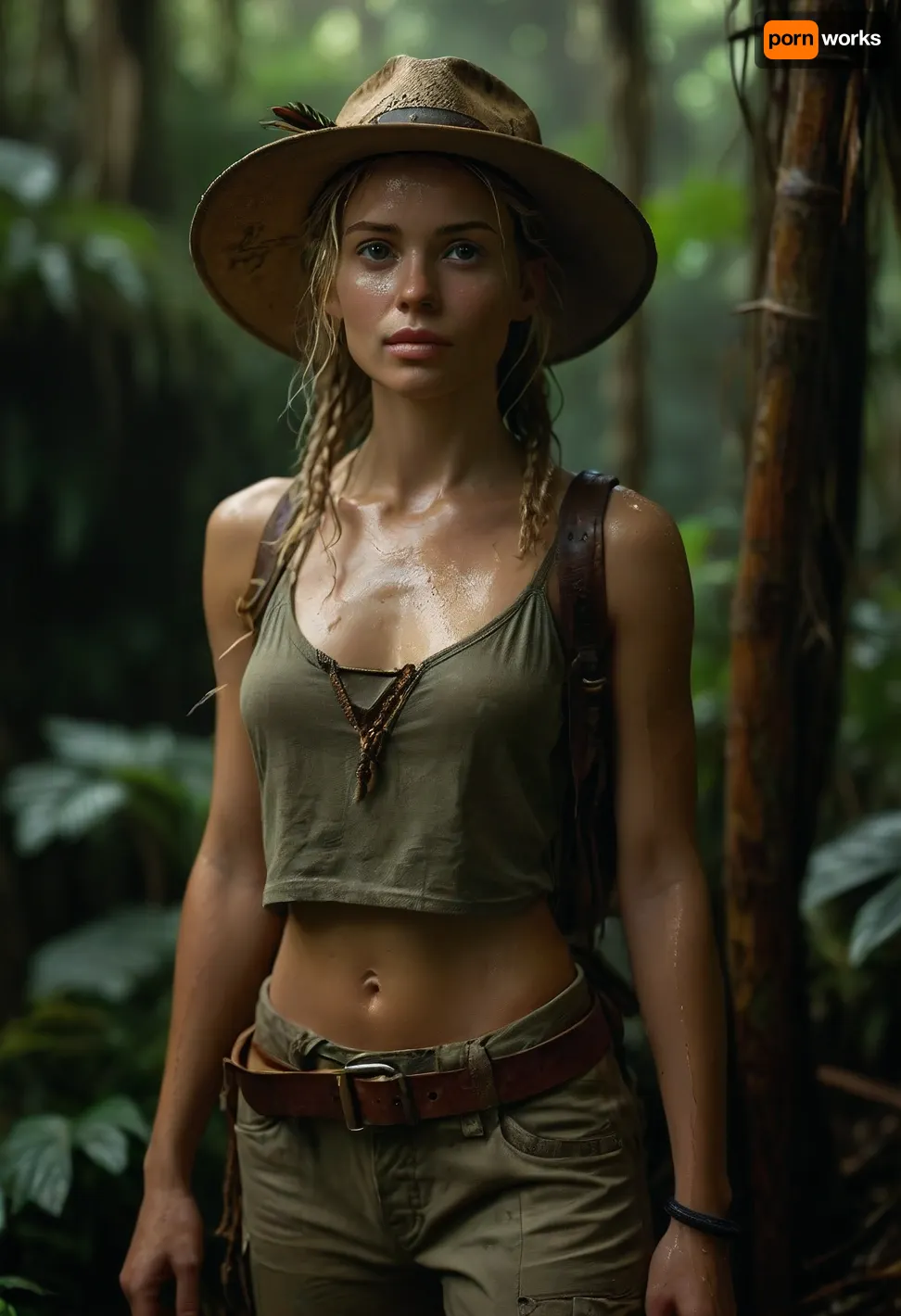 (warm ambient light:.5), Full body view of a slim, flat-chested blonde fully equipped jungle explorer seeks shelter from the heavy monsoon rain beneath large jungle plants, She has dreadlocks, perfect hands, a perfect body, and a perfect face. She looks invitingly hot. Realistic, matte, wet skin, visible skin texture. Her clothes are completely soaked, She's confident. She's in the breathtaking Costa Rican jungle. Heavy rain, jungle mist, peaceful, perfect face, silent smile, She looks invitingly hot. female jungle explorer, dressed in worn khaki clothing, faded green tank top, and lightweight beige pants, trekking through the dense Amazonian rainforest on a sweltering summer afternoon, humidity thick in the air, discovers a hidden ancient temple deep in the jungle, overgrown with vines and moss, with intricate carvings depicting a long-lost civilization. She wears a battered canvas safari hat, adorned with colorful feathers and a few loose threads, perched atop her messy blonde ponytail. she wields a worn leather machete strap around her waist, holding a sturdy 12-inch blade, its wooden handle worn smooth from countless uses, cinematic color grading with warm tones and high contrast to bring out the lush vegetation and atmospheric lighting, a dynamic low-angle, (photorealistic:1.5), 8k, UHD, strong sidelight, contrast, razor-sharp, slim, petite, shadows on the skin, (sharp focus), (high quality), (face visible), RAW image, Canon EOS R3, DSLR photo, best quality., (realistic skin, photorealistic:1.2), ultra high resolution, UHD 8K, extreme realism, maximum details., vibrant, dream, pale, reality, cloudy, smoke, atmospheric, clouds, fog, <lora:vibrant_dream:.9>, <lora:Cloudy_Style:1.5>, <lora:MJ52:.8>