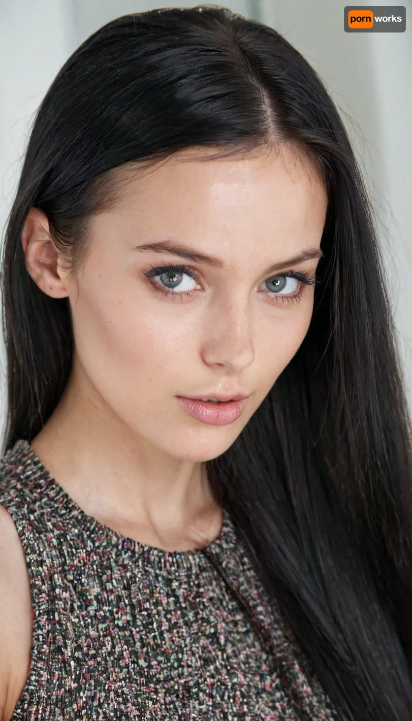 A very detailed and realistic portrait of a young woman with an intelligent yet attractive appearance. She has a delicate face, smooth fair skin and long straight black hair. Her expressive eyes are calm, giving her a sophisticated and diligent look.