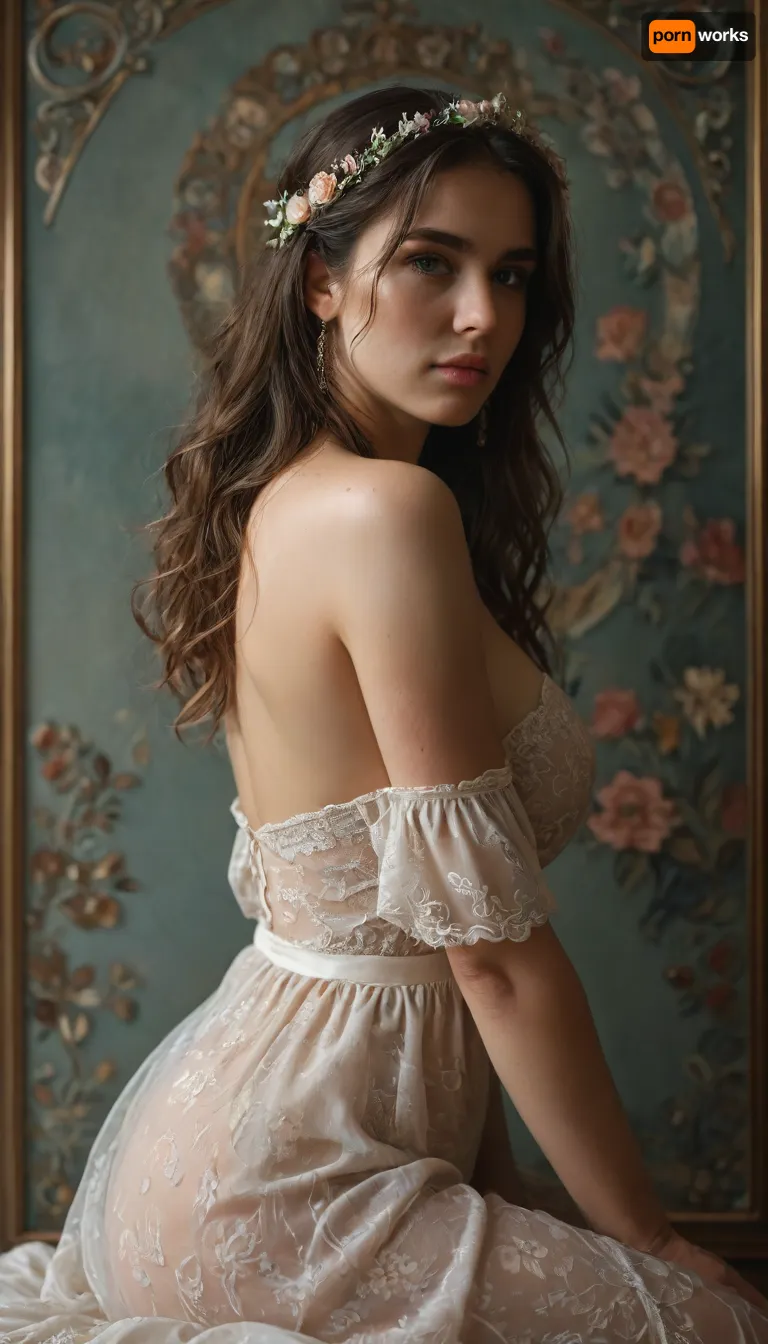 Rating_explicit, ultra realistic studio photo portrait of nude woman styled like a muse, huge breasts, sitting gracefully near a decorative wall, sheer translucent gown falling off her waist, delicate jewelry and a floral crown, long flowing hair cascading down her back, elegant art nouveau backdrop with swirling golden patterns and floral motifs, soft diffused lighting, pastel color palette, ethereal mood, moody shadows, graceful pose, DSLR 8k realism, modern nude photography, (a wrought iron arch with flowing art nouveau patterns inspired by Alphonse Mucha on background:1.2), (dramatic cold light from the left side, dramatic rim light from the right side:1.4), pastel colors, floral abundance, cinematic atmosphere, professional editorial fashion photo, 8k realism, detailxl, klimt, gold, <lora:add-detail-xl:.8>, <lora:detailed_notrigger:.8>, <lora:KlimtStyle:.8>, <lora:MJ52:.8>