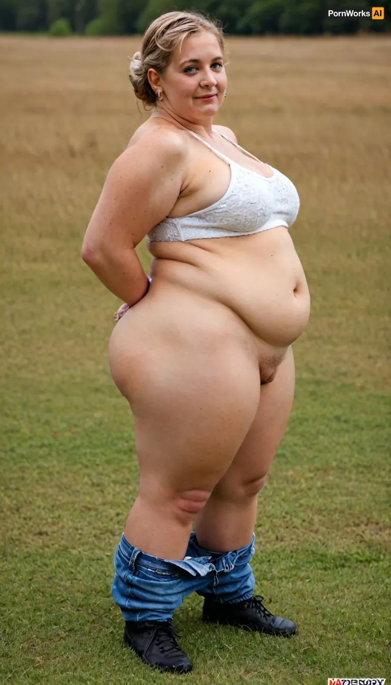 masterpiece, best quality, A fat, obese overweight granny 65 years old blonde woman standing In the thick grass. Her huge, round ass is visible from the thick grass. Full body photoshoot. Side view, <lora:Pionyrka_F1:.8>