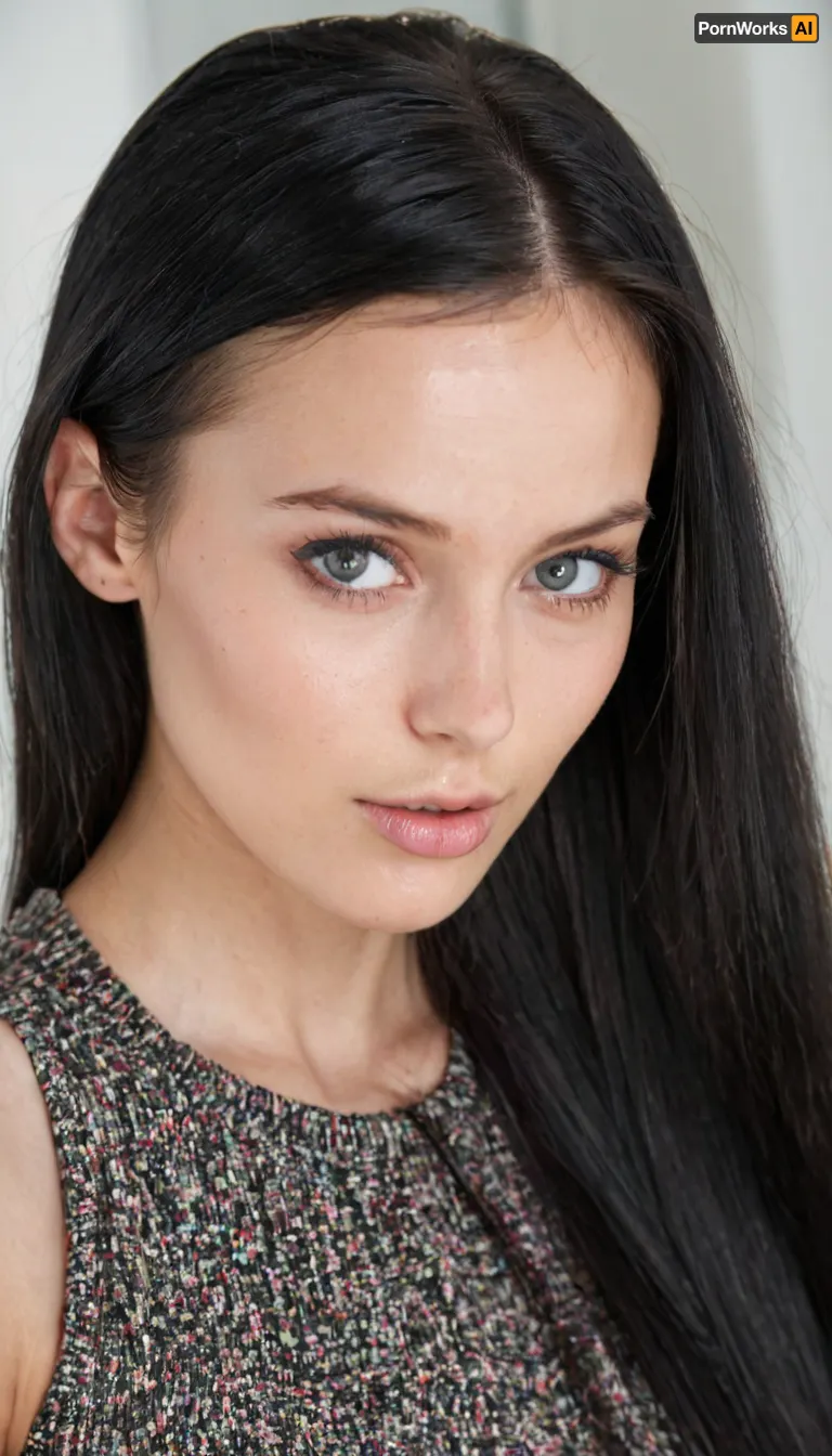 A very detailed and realistic portrait of a young woman with an intelligent yet attractive appearance. She has a delicate face, smooth fair skin and long straight black hair. Her expressive eyes are calm, giving her a sophisticated and diligent look.
