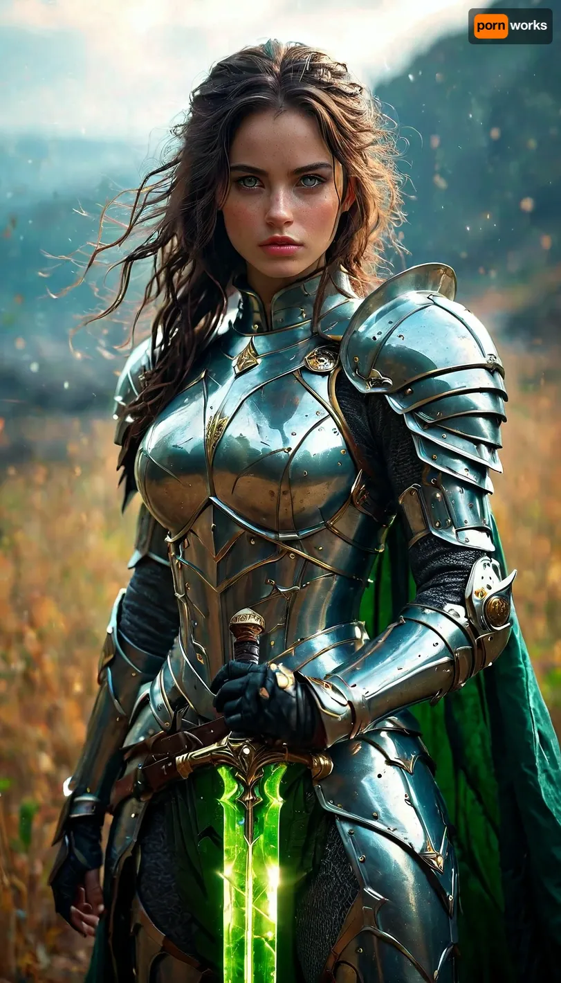 ((full body)), a girl, athletic body, muscular, (in full knight armor), (torn outfit), ((holding a green plasma sword)), ((detailed palsma sword and detailed hand)), (bruised), cape, (standing in battlefield), smirk, up hair style, detailed face, stacked busty, depth of field, massive lips, dark hair, realistic, pale skin, detailed eyes, (identical eyes), detailed skin, slight smile, official art, extremely detailed CG unity 8k wallpaper, perfect lighting, Colorful, Bright_Front_face_Lighting, shiny skin, (masterpiece:1), (best_quality:1), ultra high res, 4K, ultra-detailed, photography, 8K, HDR, highres, (absurdres:1.2), Kodak portra 400, film grain, blurry background, (bokeh:1.2), lens flare, (vibrant_color:1.2), professional photograph, (full length body), cinematic, great shading, moody lighting, cloudy weather, (by Hope Gangloff:1), perfecteyes, <lora:lora-sdxl-perfect-eyes:.5>, <lora:add-detail-xl:1>, <lora:MJ52:.2>, hkstyle, <lora:hkstyleV5:1>