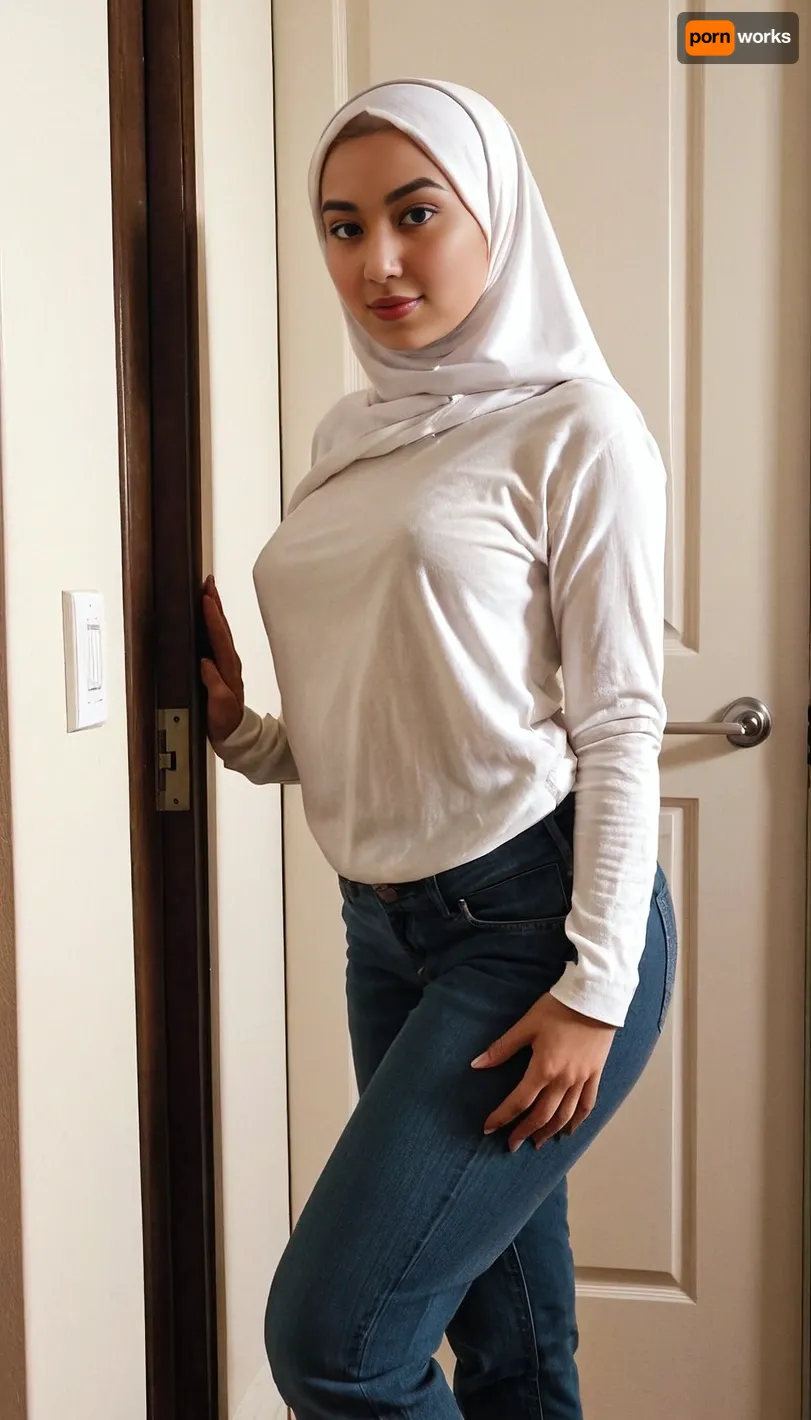 Beautiful lady, slim body, at door frame, leaning, wearing hijab, white long sleeve t-shirt, loose baggy jeans, perfect, eyes, skin, blemish, detailed, detailxl, <lora:polyhedron_all_sdxl-000004:.8>