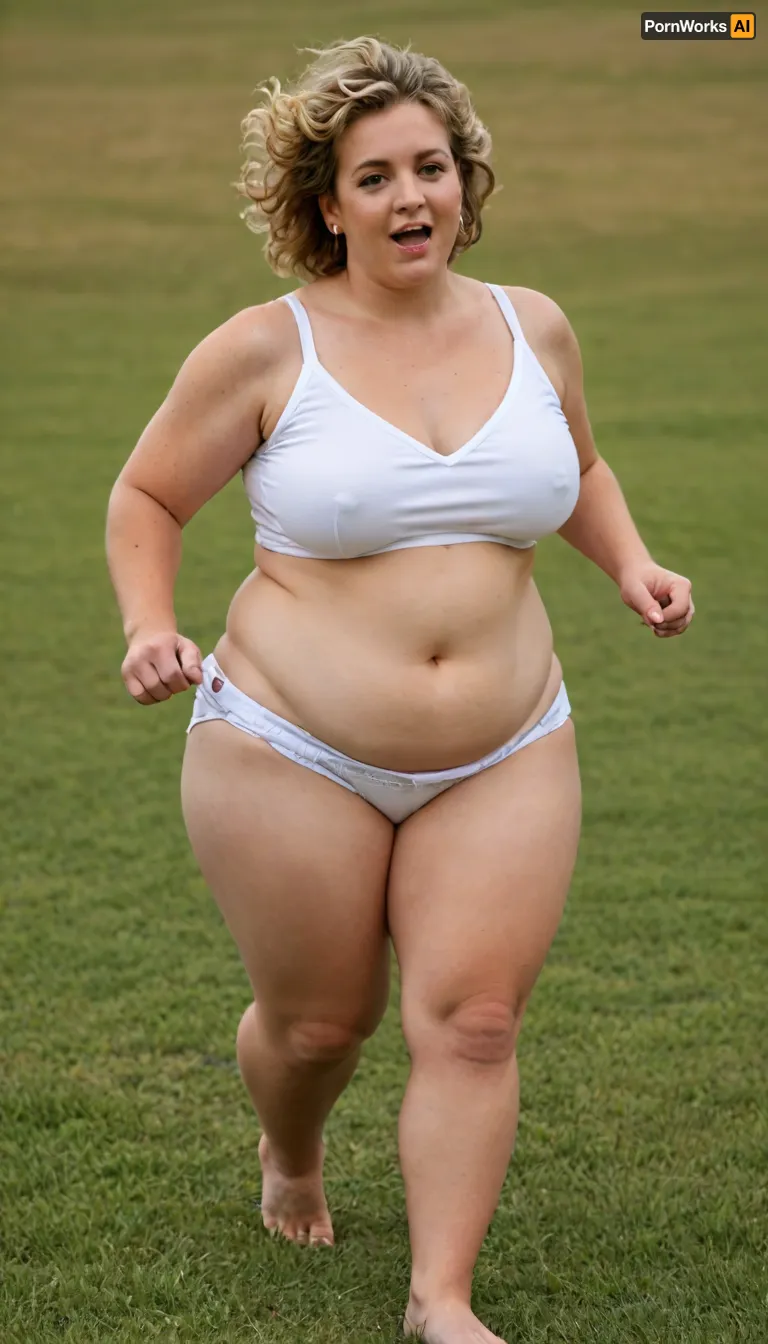 masterpiece, best quality, very happy and funny. Bouncing and running.A fat, obese overweight mature 55 years old blonde woman standing In the thick grass. Her huge, round body is visible from the thick grass. Full body photoshoot. Side dynamic angle, ellker, <lora:BustyWomen-v3:.8>, <lora:ella-kernkamp:.8>