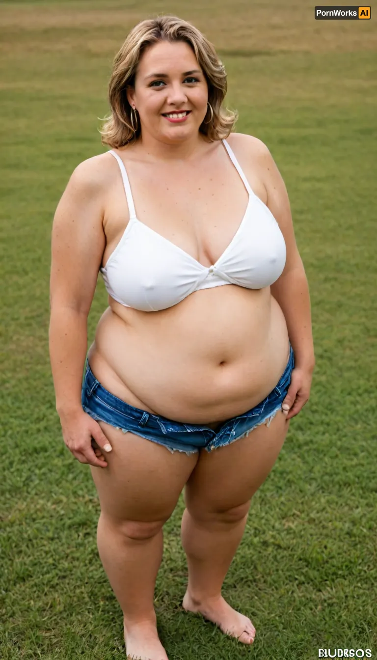 masterpiece, best quality, very happy and funny. A fat, obese overweight mature 55 years old blonde woman standing In the thick grass. Her huge, round body is visible from the thick grass. Full body photoshoot. Side dynamic angle, ellker, <lora:BustyWomen-v3:.8>, <lora:ella-kernkamp:.8>