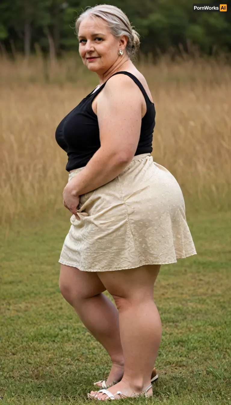 masterpiece, best quality, A fat, obese overweight granny 65 years old blonde woman standing In the Tall grass. Her huge, round ass is visible from the Tall grass. Full body photoshoot. Side view, [brown/black/white], nfse, skirt, black, shiny, nylon, mini, <lora:nfse-skirt-000012:.8>