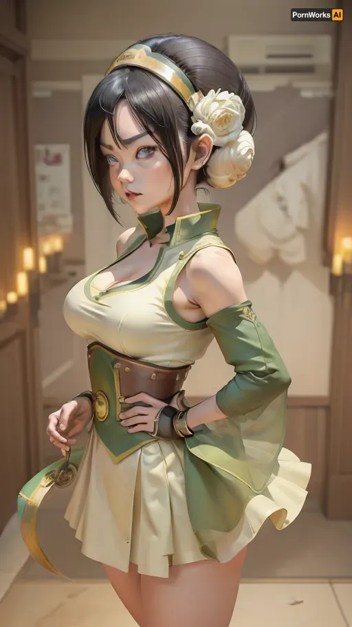 (masterpiece, best quality:1.2), full body, lyco, (atla_tophbeifong-10:1), cowboy shot, solo, 1girl, Super well build figure, toph beifong, blind, expressionless, short hair, hair bun, hairband, Lots of cleavage, grey eyes, (little_girl), School girls uniform, chara-sheet, masterpiece, best quality, (Front and back view), 360 degree view, (simple backgound), <lora:atla_tophbeifong-10:.5>, <lora:TOPH-V2:.5>, <lora:character-sheet-03:.7>