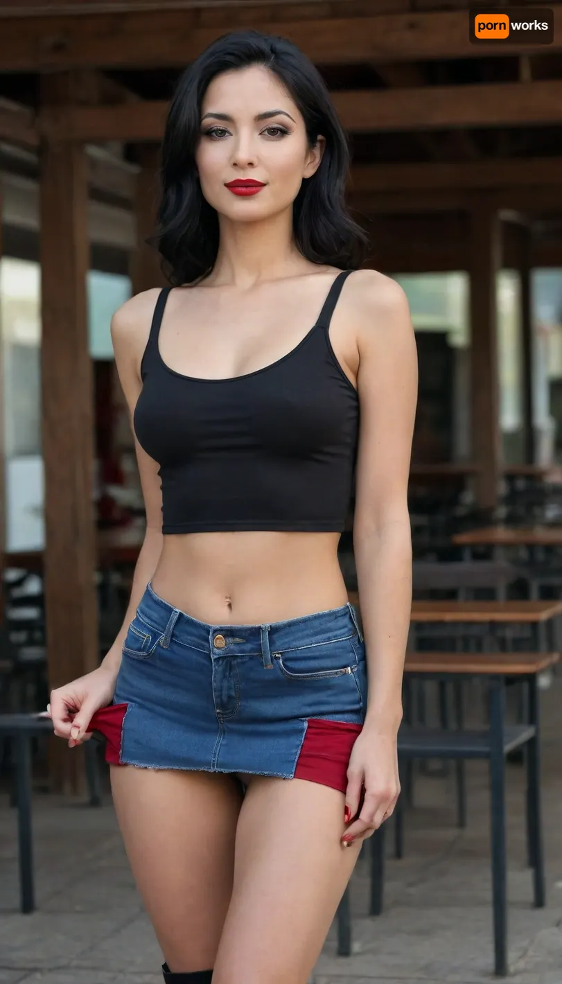 masterpiece, front view from below, beautiful iranian 40 years old woman, raised nasal tip, modest smile, dark red lipstick, brown eyeshadow, amber eyes, (wearing short black tight top and tiny tight-fitting microskirt:1.7), standing at bus station at harbour in Chora Skafion, Crete, dressed people, (black short tight red top and very short tight denim light blue miniskirt:1.5), visible navel, dressed people in background, gymnastic body, (deep seamless suntan:1.5), beautiful thin face, slim body, narrow waist, (straight-wavy long dark black hair:1.8), (small breasts:1.8), (flat chest:1.8), full length view, highest quality, perfect quality, natural, summer, sunny, (platform knee boots:1.6), clothes, full body shot