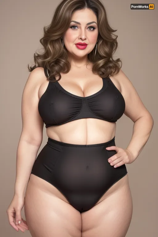 Lubica, 1gilf, Armenian, brunette hair with layered highlights, 60 years old, chubby face, fat, obese, ssbbw, plump, thick, saggy, light eyes, perfect eyes, wrinkles, lick her lips by her tongue, plump lips, lipstick, lips parted, FUPA, cameltoe, (blank black background), fat rolls, belly, sagging, high-waisted shorts, leotard, curvy, cellulite