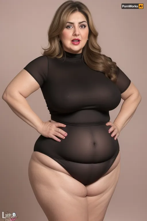 Lubica, 1gilf, Armenian, brunette hair with layered highlights, 60 years old, chubby face, fat, obese, ssbbw, plump, thick, saggy, light eyes, perfect eyes, wrinkles, lick her lips by her tongue, plump lips, lipstick, lips parted, FUPA, cameltoe, (blank black background), fat rolls, belly, sagging, red high-waisted shorts, leotard, curvy