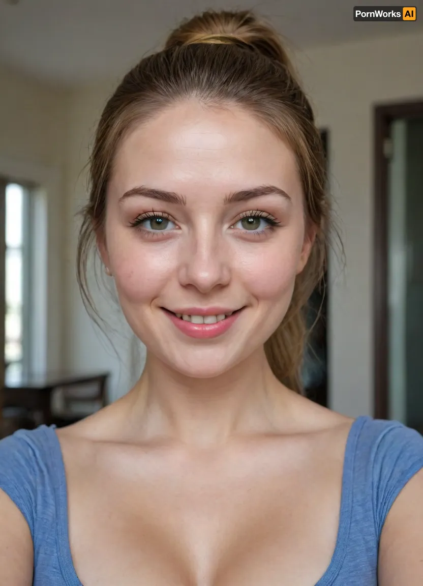 Full body shot, 28 year old woman, British American, Caucasian, light brown hair in a ponytail, pale fair skin, 5'4" tall, busty, covered breasts, (sagging breasts), thin, wearing a t-shirt and blue jeans, wide face, big chin, chin dimple, high prominent cheeks, cheek dimples, wide smile, nice lips, green eyes, acne scars, SaggySlimXL, uhang, yhang, <lora:updated_saggy_slim:1>
