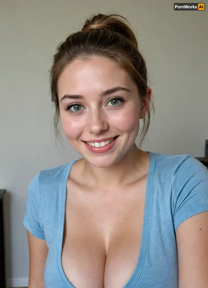Full body shot, 28 year old woman, British American, Caucasian, light brown hair in a ponytail, pale fair skin, 5'4" tall, busty, covered breasts, (sagging breasts), thin, wearing a t-shirt and blue jeans, wide face, big chin, chin dimple, high prominent cheeks, cheek dimples, wide smile, nice lips, green eyes, acne scars, SaggySlimXL, uhang, yhang, <lora:updated_saggy_slim:1>