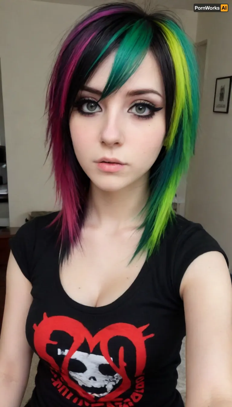 ziprealism, (medium full shot, high angle shot, focus on eyes), sharp focus, (perfect eyes, stunning eyes, vivid eyes:1.4), (emo girl, emo hairstyle, two-tone hair, alt girl, emo style, emo esthetic, band t-shirt, tight tahirt:1.6), (intimate bedroom scene, pouting expression, off the shoulder), (large breasts, soft breasts, pale breasts, cleavage:1.4), <lora:add-detail-xl:1.2>, igbaddie, <lora:igbaddie-XL:.4>