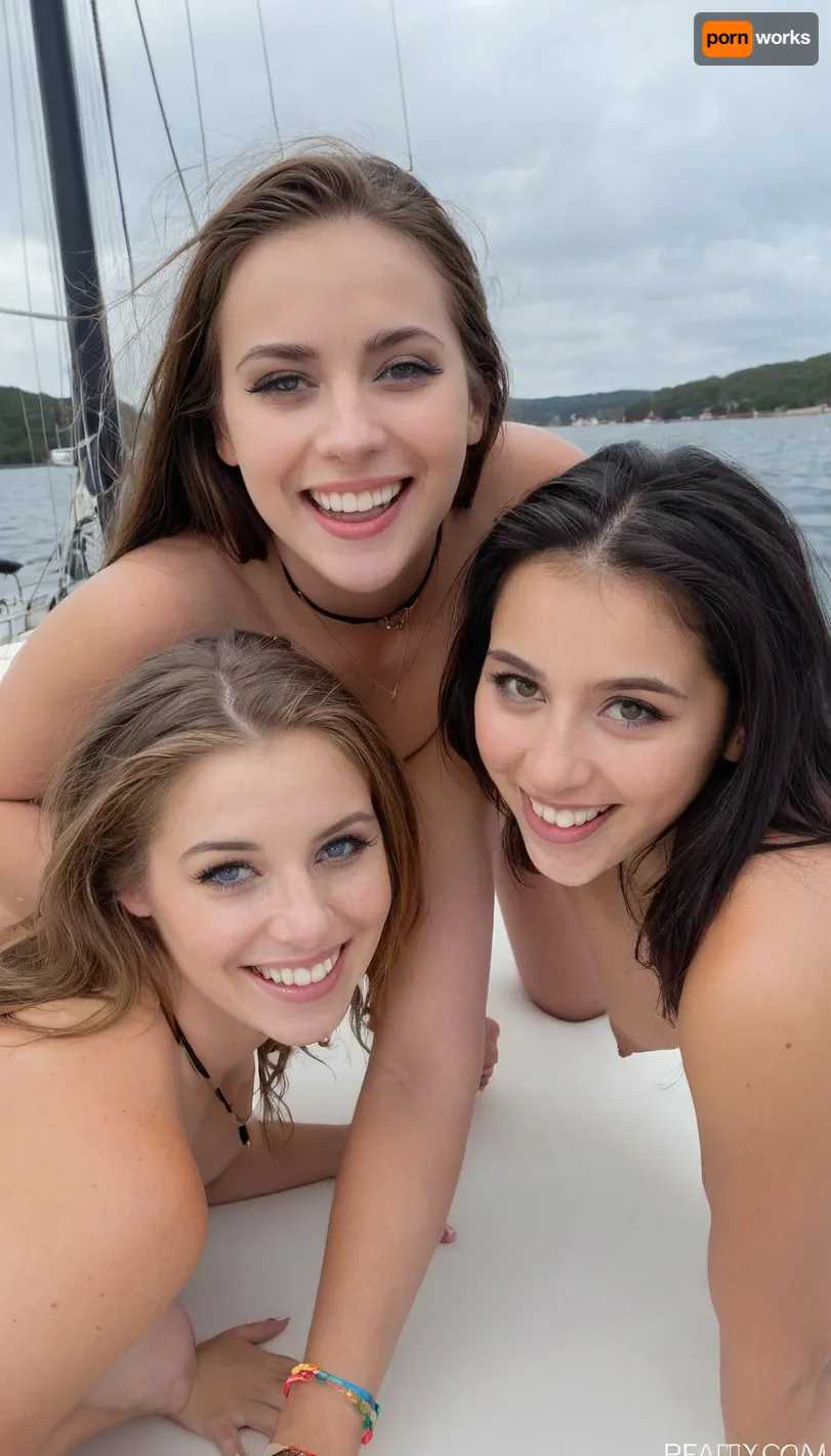 Fun Candid pov photo, average 22 year old college student, giddy with excitement, Petite soft, hourglass figure, long stylish hair, leaning forward, on a modern sailing yacht with her female friends, pubes, nervous smile, exaggerated excited nervous grin, (eyes wide open), shy, (blushing), nude, ultimate realism, vivid colors, realistic detailed evenly tan skin texture, focus on realistic beautiful face, bracelets, necklace