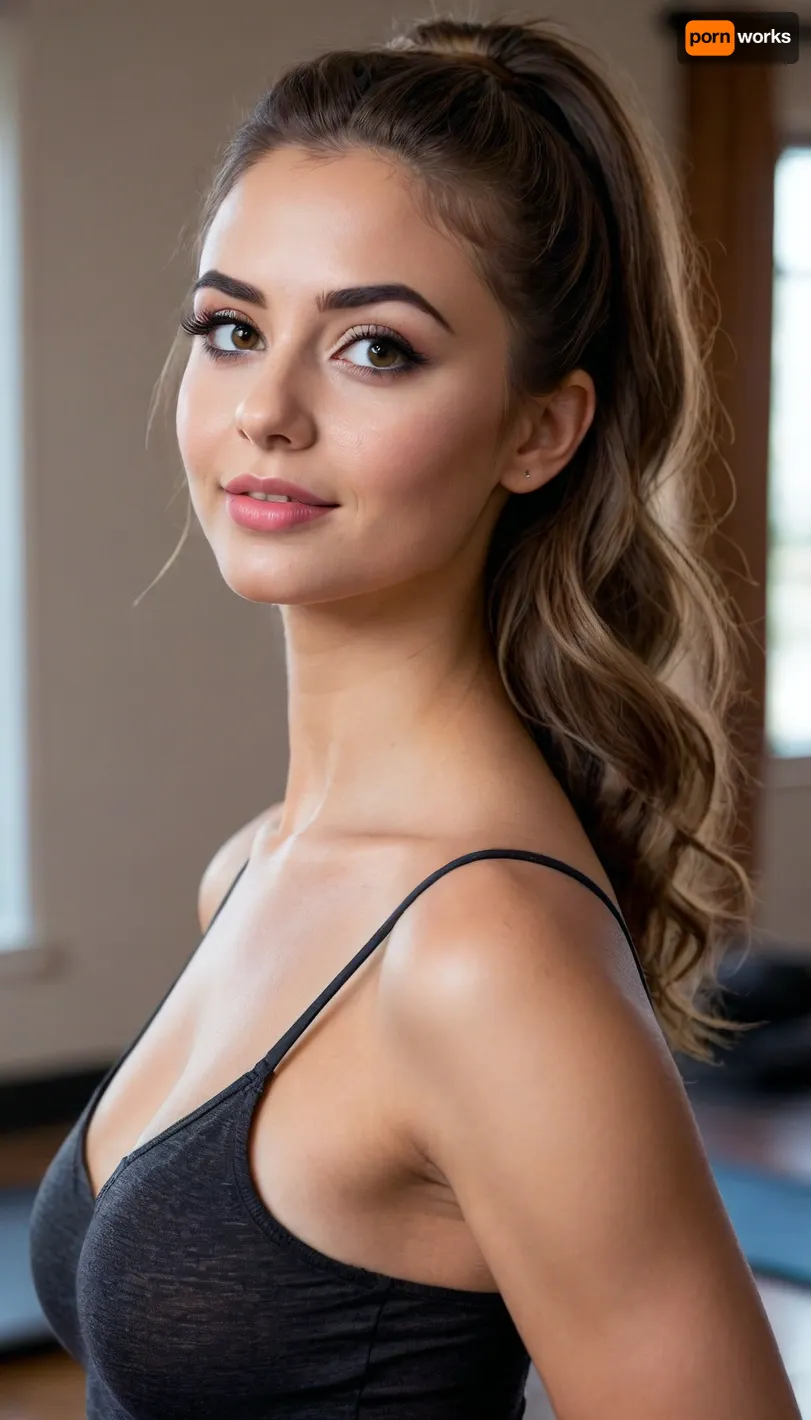 21 year old brown haired woman, deeply tanned brown skin, round face, detailed eyelids, smiling, prominent cupids bow lips, hair cascading over shoulder, dark lipstick, (detailed gradient black eyeshadow, bold long winged eyeliner, flushed cheeks), makeup, looking up, Professional photo, in an aesthetic yoga studio, dim lighting, hyper-realistic, ultra-high quality, insanely detailed. Stunning 21-year-old Instagram fitness model, long messy brunette updo, skin-tight workout clothes, yoga pose, pussy lips visible through tights

Trying different yoga pose like sukhasana, tadasana, Vrksasana