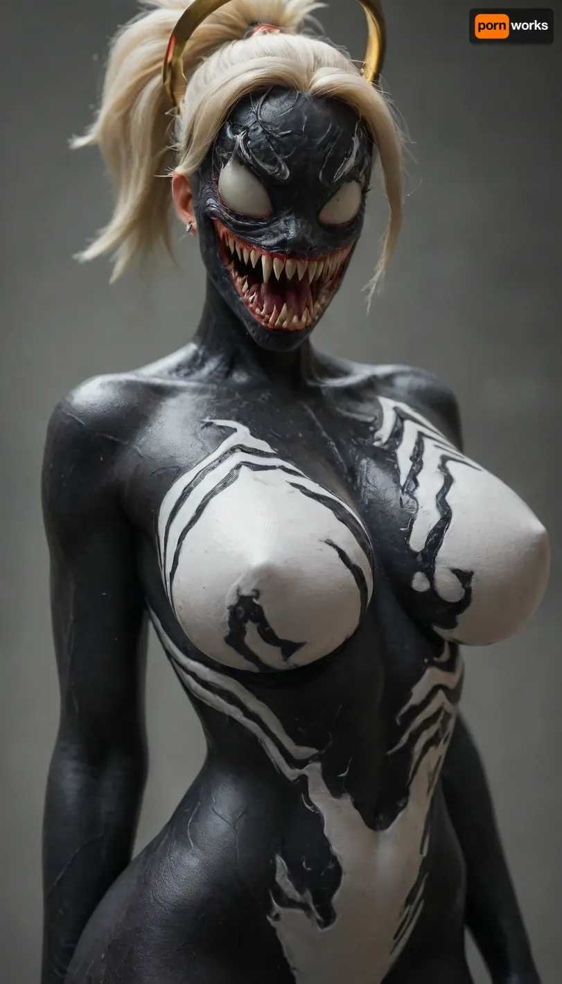 ((((mercy from overwatch)))), solo, ((((((anthro venom face body:2)))))), big breasts, score_9, score_8_up, score_7_up