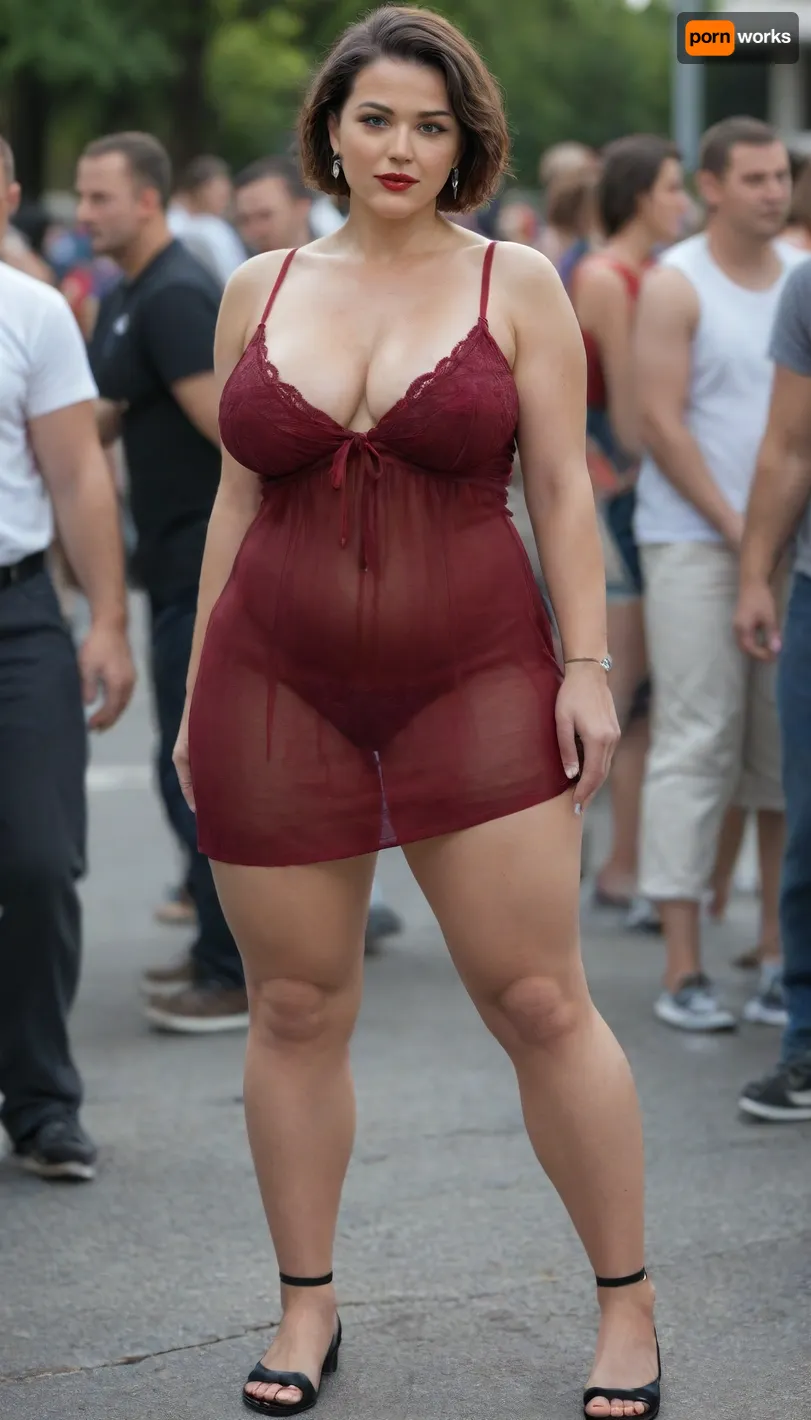 The point of view is focused on the legs of a beautiful and tender woman. She is a short mature MILF with a plump, round face. The woman wears black eyelashes and red lipstick.In the scene, she is standing in the middle of a night party, stared by college boys. They are focused on her body. The woman has nice muscular legs, and a pin crown. She is wearing a lace nightgown that reveals her curvaceous body. One of her breasts is falling out. The woman has wide hips and long perfect legs.The man in the scene is tall, fat, has a haircut, and is mature. The scene is set in 8k resolution and is photorealistic. It features a full body view.The colors in the scene are green, red, and purple. The eyes have pupils. The woman wears casual transparent peasant clothes and dressy clothes. Her chest is flat, breasts are big or huge, her neck is very short. Her tits are seen through her dress. Her hips and thighs are wide. Her belly is fat and plump. She has short brown hair, bobcut. She has muscular arms and abs.The models used in this scene are, and, ., <lora:Venus_Body_Alpha:.4>