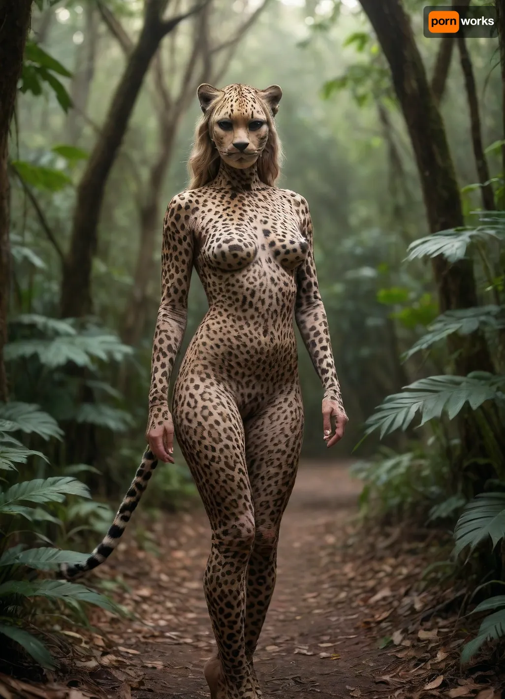 Full Body view of beautiful anthropomorphic Leopard Woman, beautiful face, naked, nude, whole body covered in Leopard spots, (whole Body covered in Leopard spots:1.5), leopard tail, full Body visible, Standing in jungle
