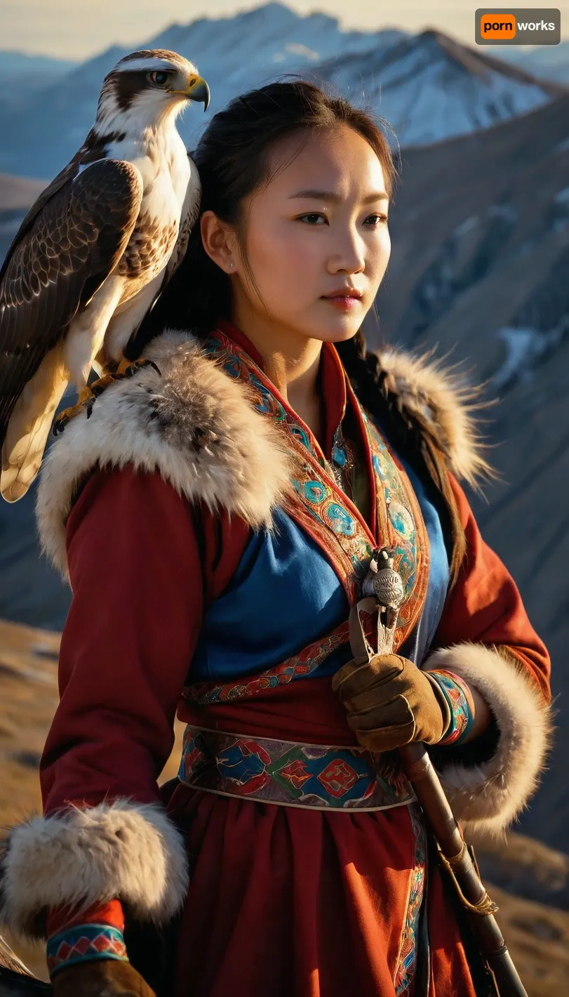Incredibly realistic image, full colour image, full body view, 8K quality, ultra detailed, masterpiece, 19-year-old beautiful Mongolian girl, ((wearing traditional Mongolian clothing of fur and silk)), bare tits, ((she has a hunting hawk perched on her forearm, on a falconer's glove)), standing over a cliff in the mountains, the valley below swirling with mist