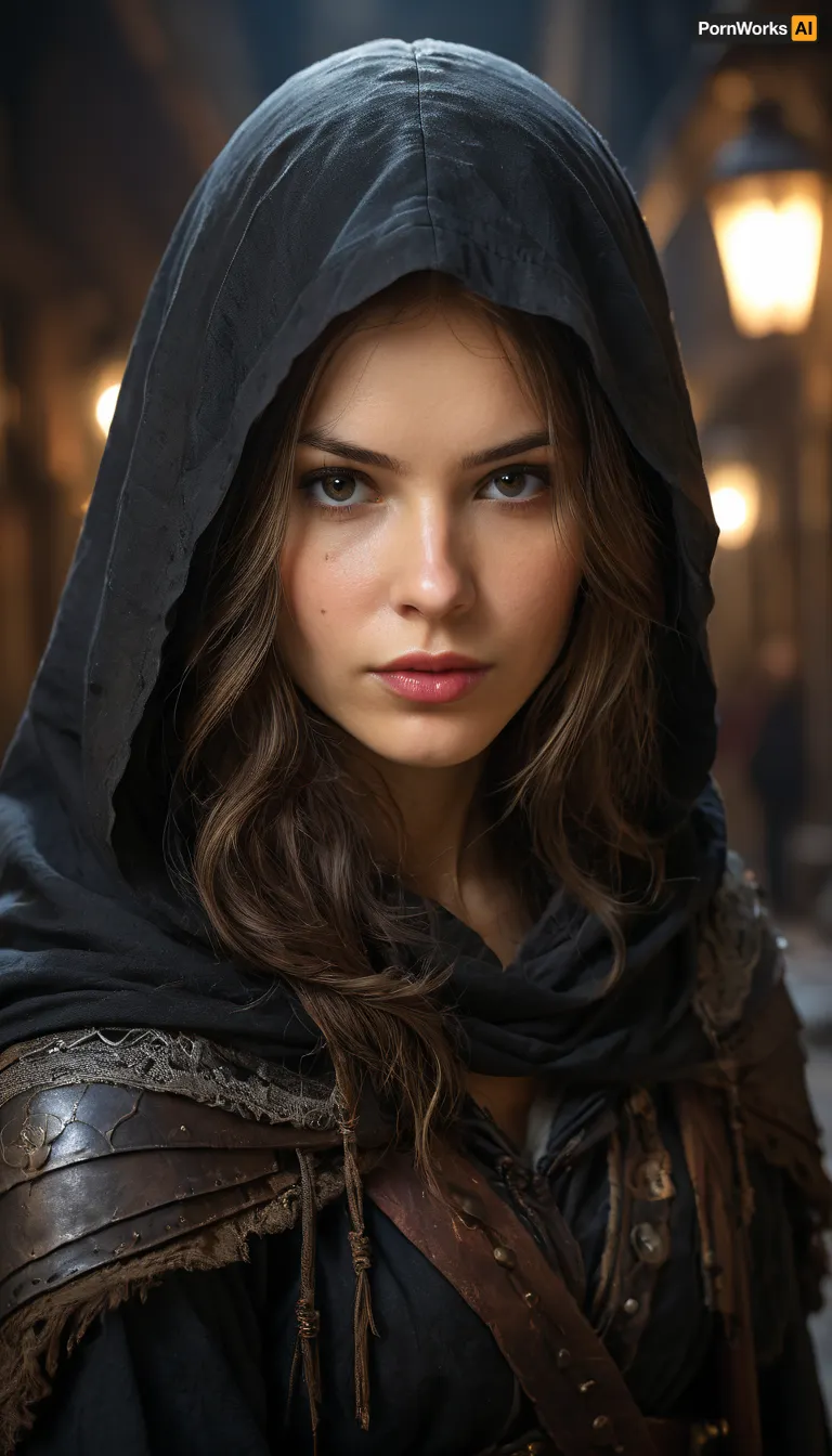 (highly detailed candid photo of bandit:1.2), 1girl, solo, long hair, looking at viewer, brown hair, hood, armor, lips, cloak, (realistic:1.5), night in the medieval alley, masterpiece, (best quality:1.1), cinematic lighting, ultra photoreal, (photorealistic:1.3), (sharp focus:1.1), (depth of field:1.5), 50mm, style of Nathan Wirth, Hasselblad X1D II, Porta 160, <lora:RPGBanditXL:.5>